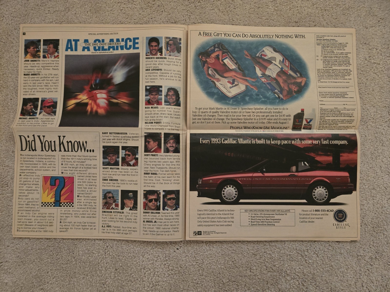 Vintage 1992 Parade Magazine Special Pull-Out Edition 76th Indianapolis 500 Race