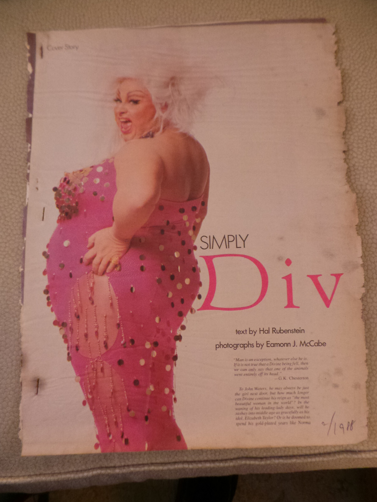 Interview Magazine complete Divine article February 1988 & obituary copy Fair