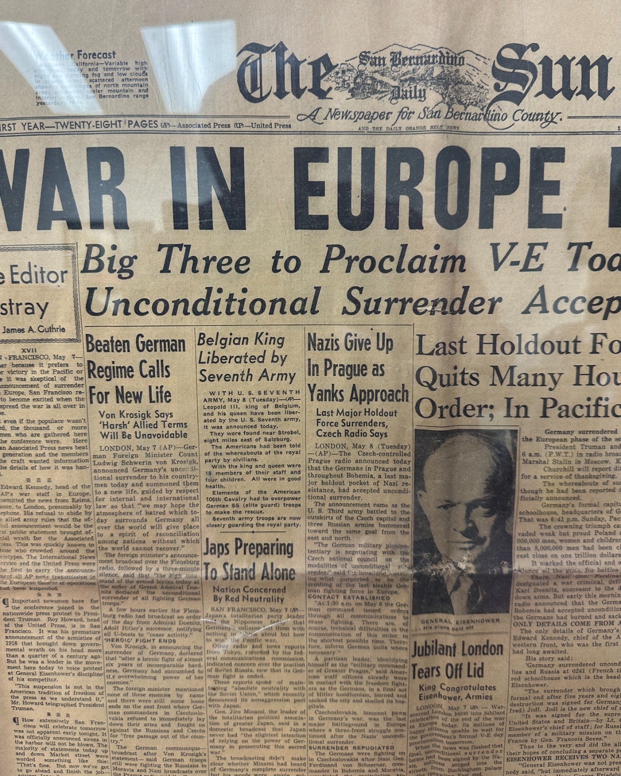 Vintage Sun Newspaper – May 8, 1945, -War in Europe Ended!-Framed