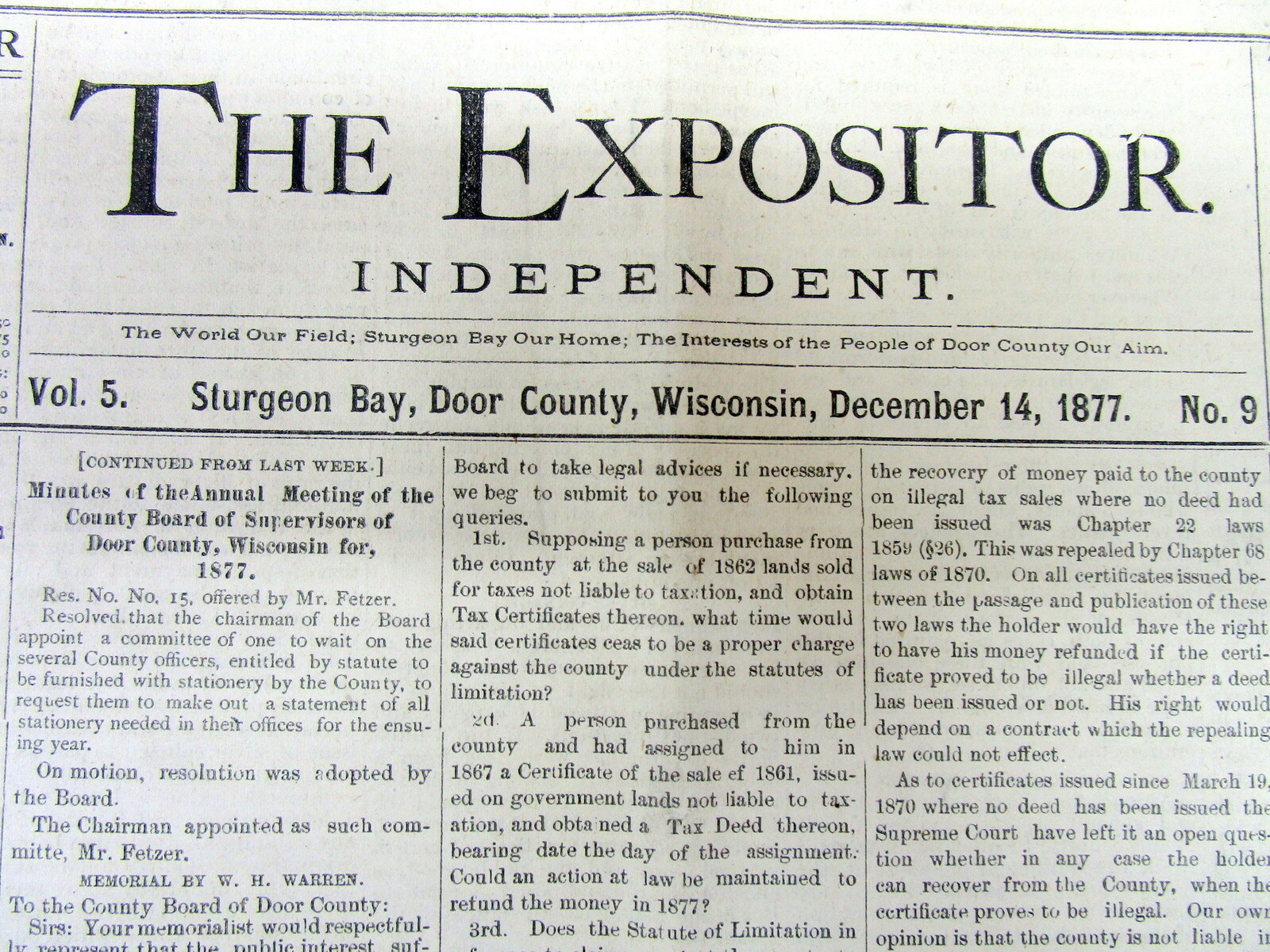 3 original 1877-1878 STURGEON BAY Door County WISCONSIN newspapers – 145 yrs old