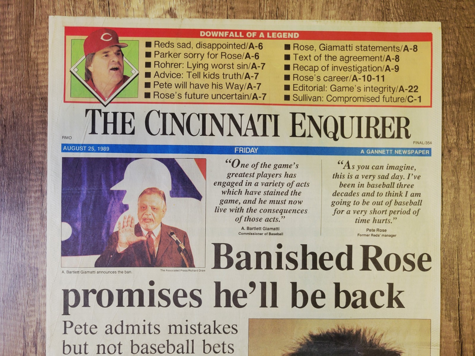1989 Aug: Cincinnati Enquirer MLB Baseball – Reds Pete Rose Suspended/Banished!