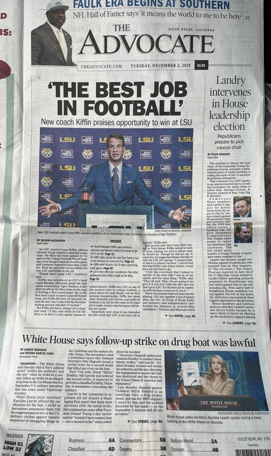 Lane Kiffin LSU New Coach THE ADVOCATE Newspaper Baton Rouge La Edition 12/2/25