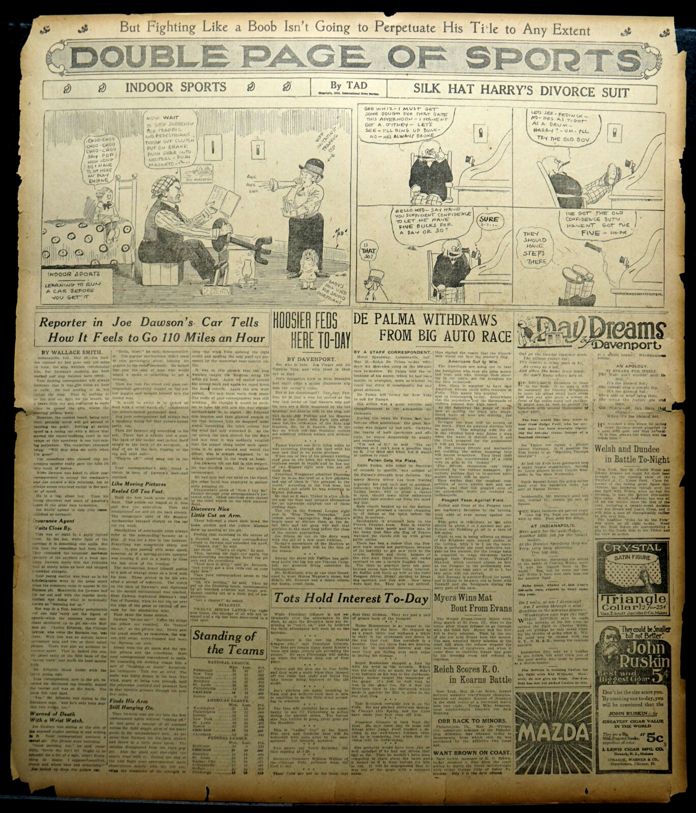 1914 Chicago Sports Page – Indianapolis 500 Ralph De Palma Withdraws