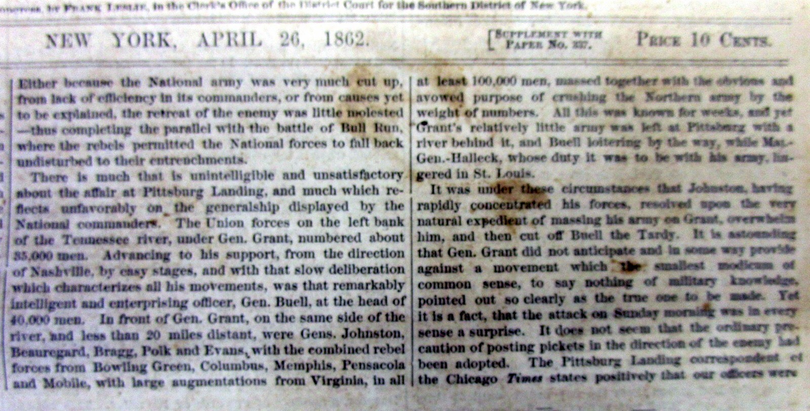 1862 Leslie’s Illustrated newspaper “EXTRA” Civil War BATTLE OF SHILOH Tennessee