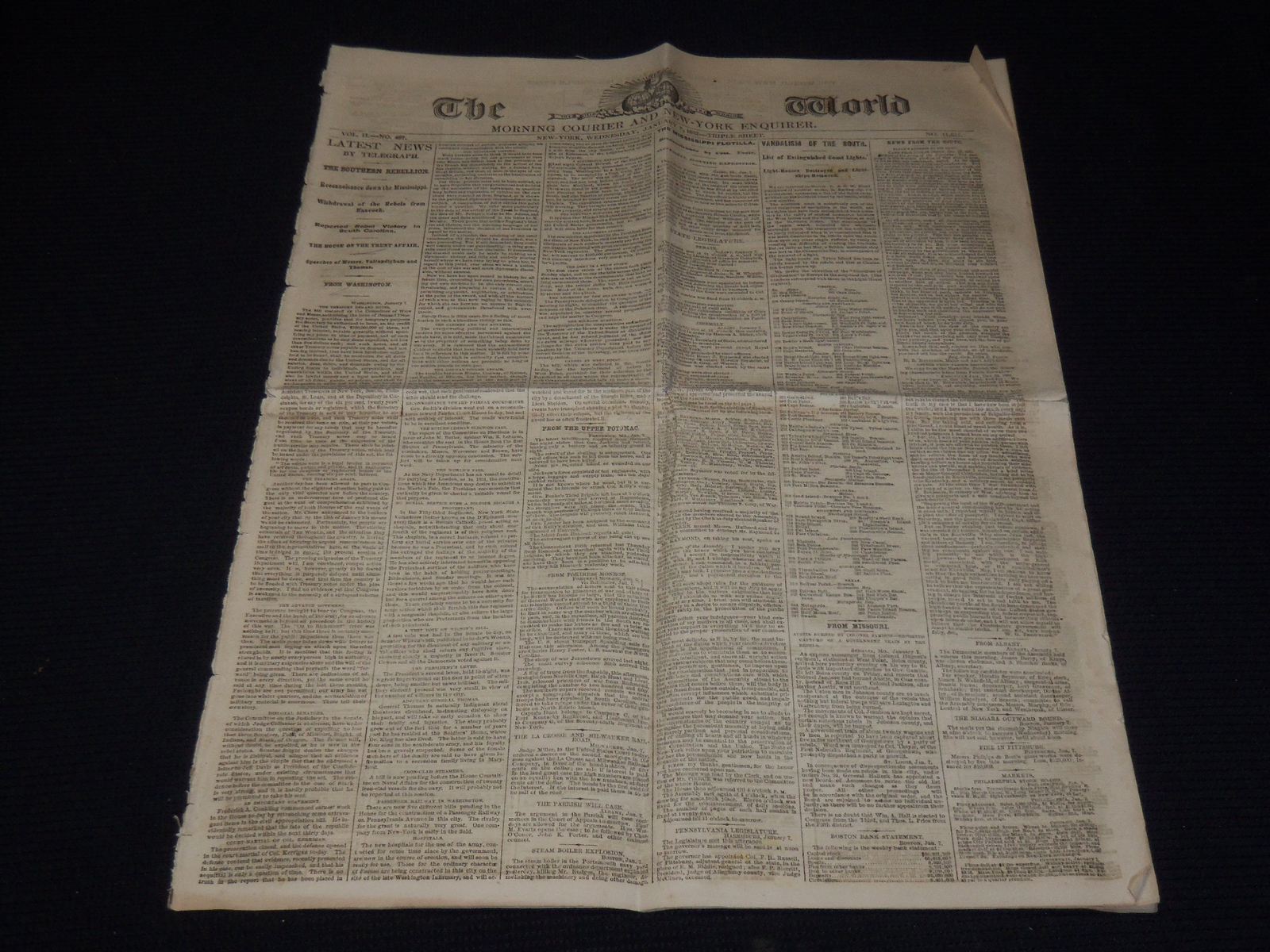 1862 JANUARY 8 THE WORLD NEWSPAPER – TRIPLE SHEET – NEW YORK – CIVIL WAR – K 62