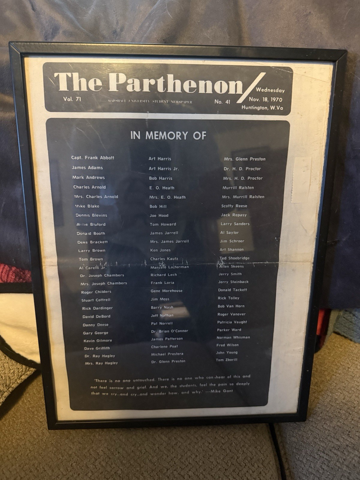 Marshall Thundering Herd Plane Crash Memorial Newspaper Parthenon November 1970