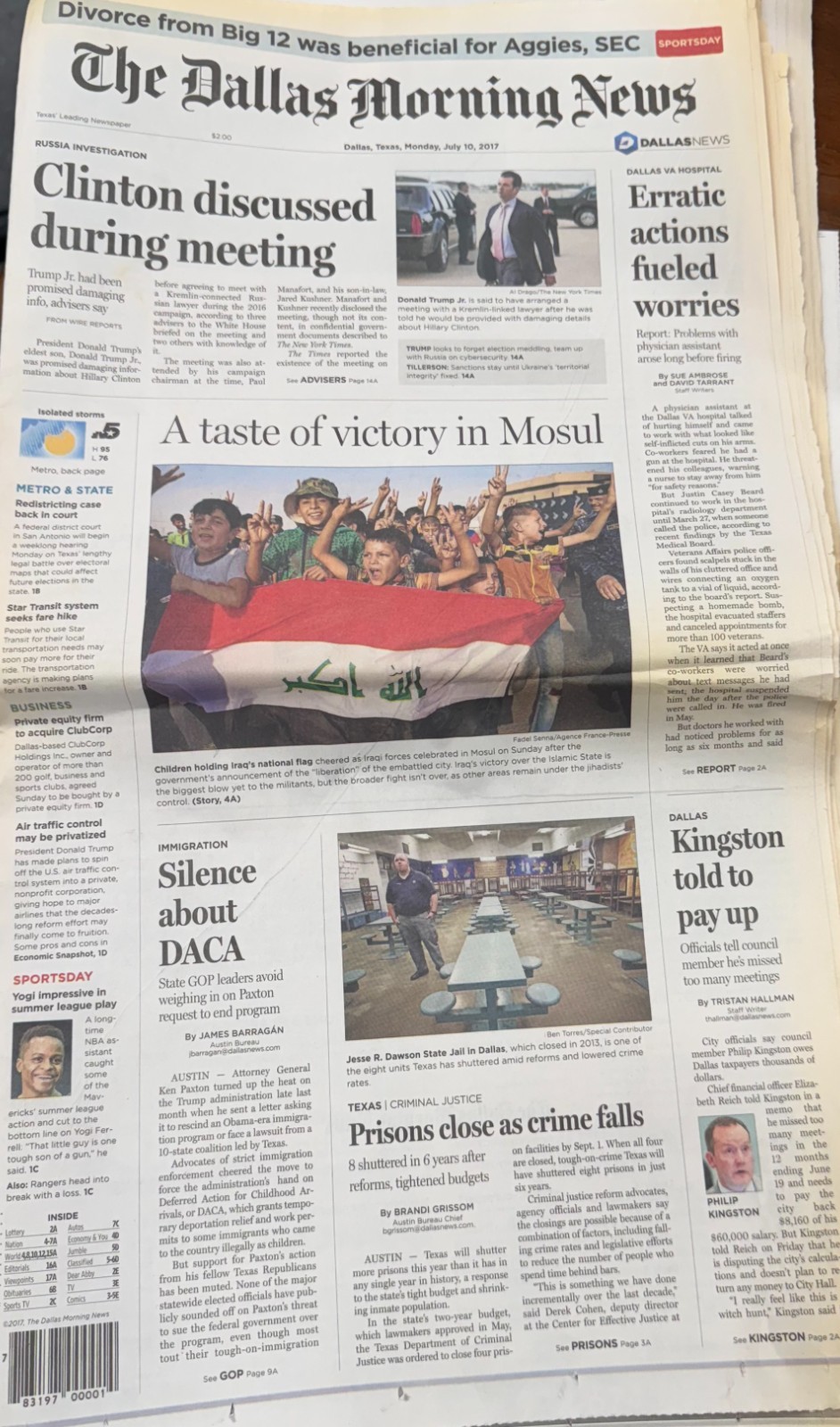The Dallas Morning News Monday, July 10, 2017 Complete Newspaper Russian & Trump