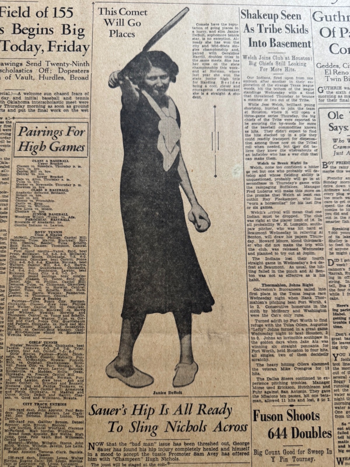 1933 CLASSEN HIGHSCHOOL OKLA. CITY JANICE DEBOLT TENNIS CHAMPION NEWSPAPER PAGE