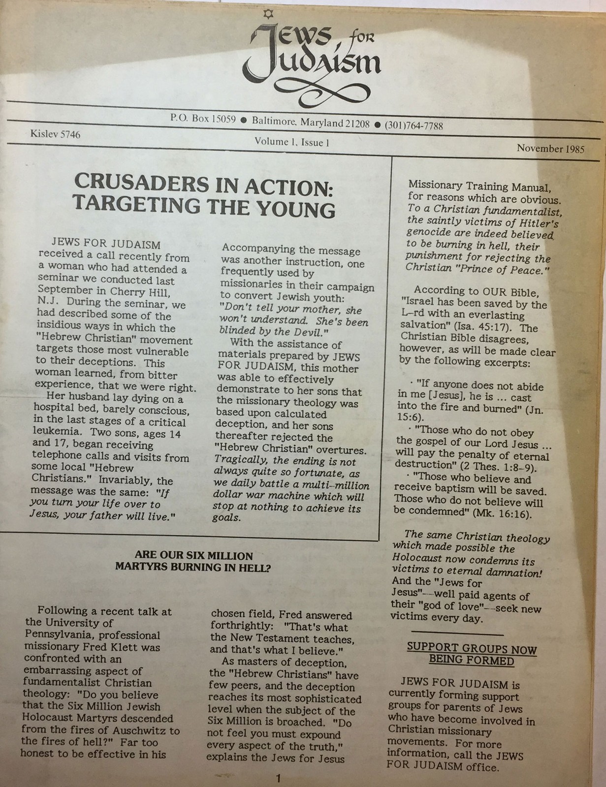 Jews for Judaism, Baltimore, MD, 1985-1986 [Newspaper]