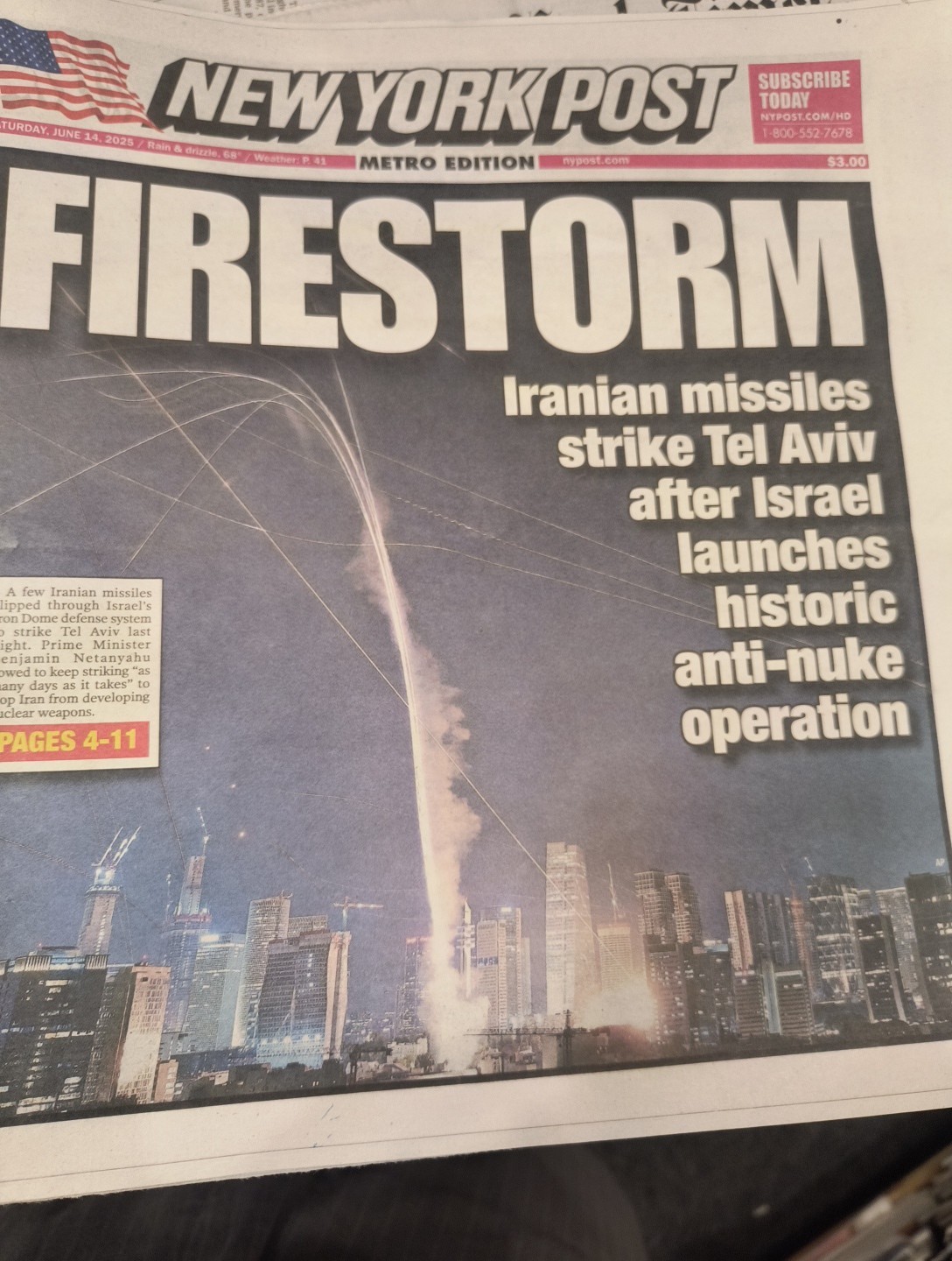 NEW YORK POST – SATURDAY JUNE 14, 2025 (IRAN FIRESTORM -ISRAEL INITIATES ATTACK)