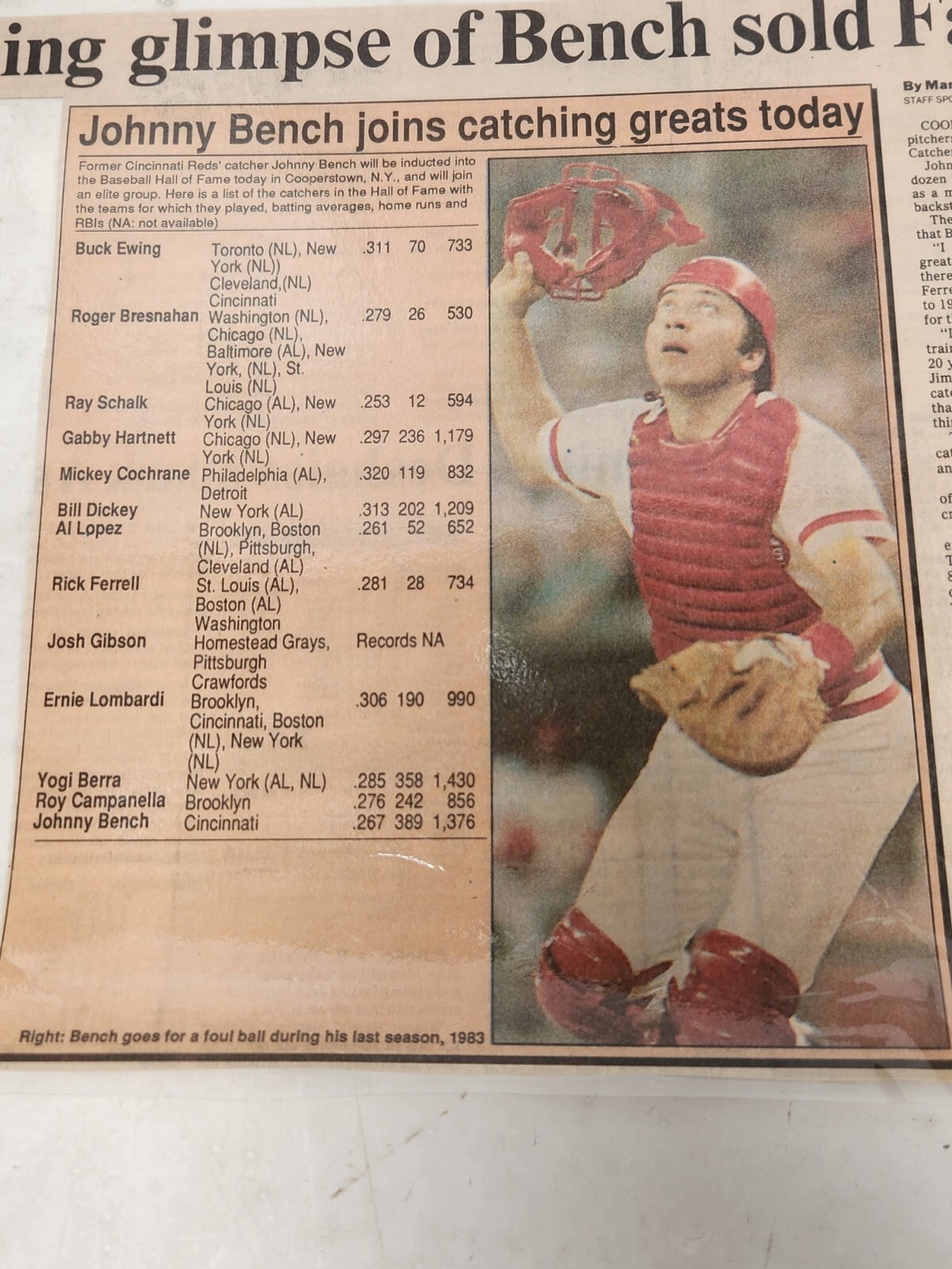 Dayton Daily News Baseball article from 1989 – Johnny Bench HOF – laminated