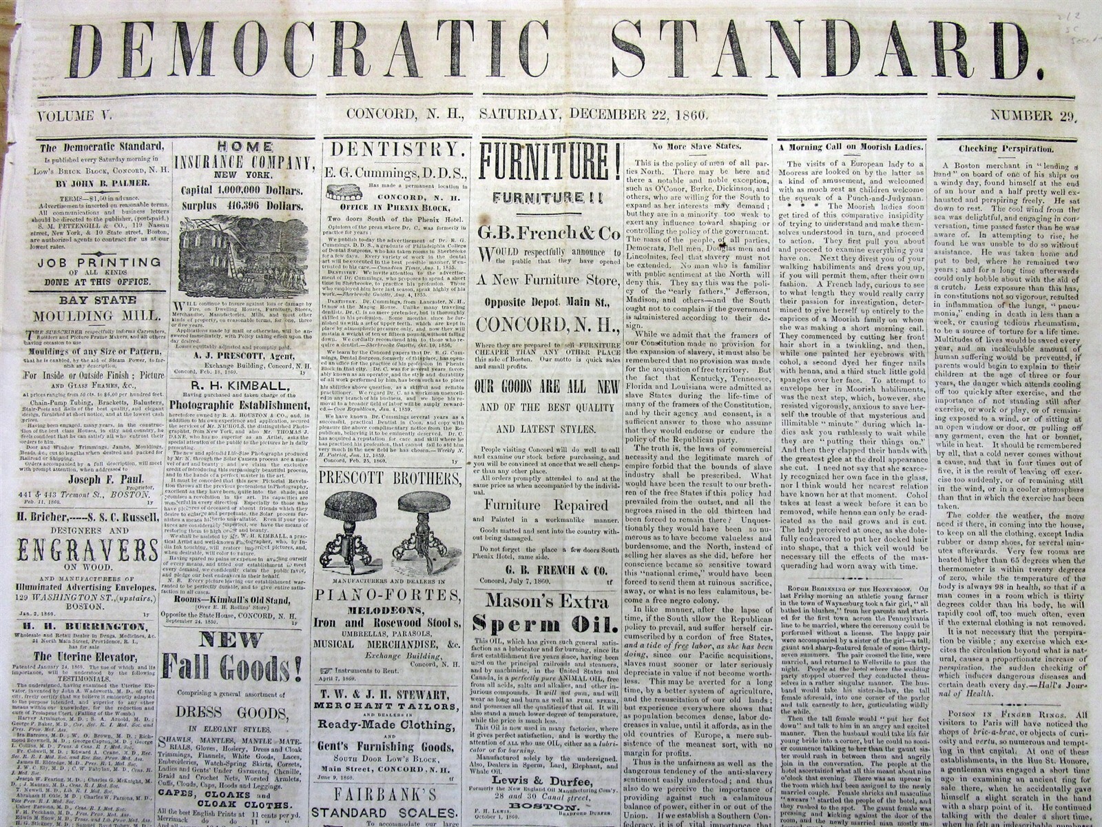 12-22-1860 newspaper wth a 1st news report SOUTH CAROLINA SECEDES from the UNION