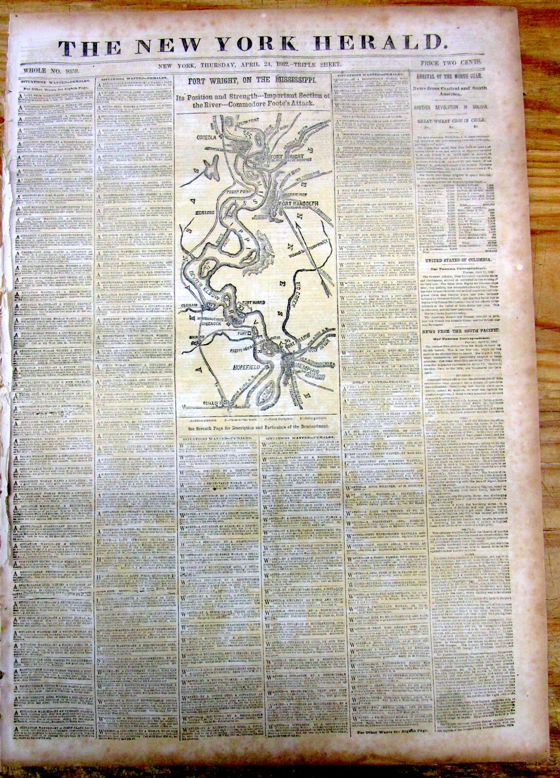 1862 Civil War newspaper w detailed MAP of MEMPHIS Tennessee & Mississippi River