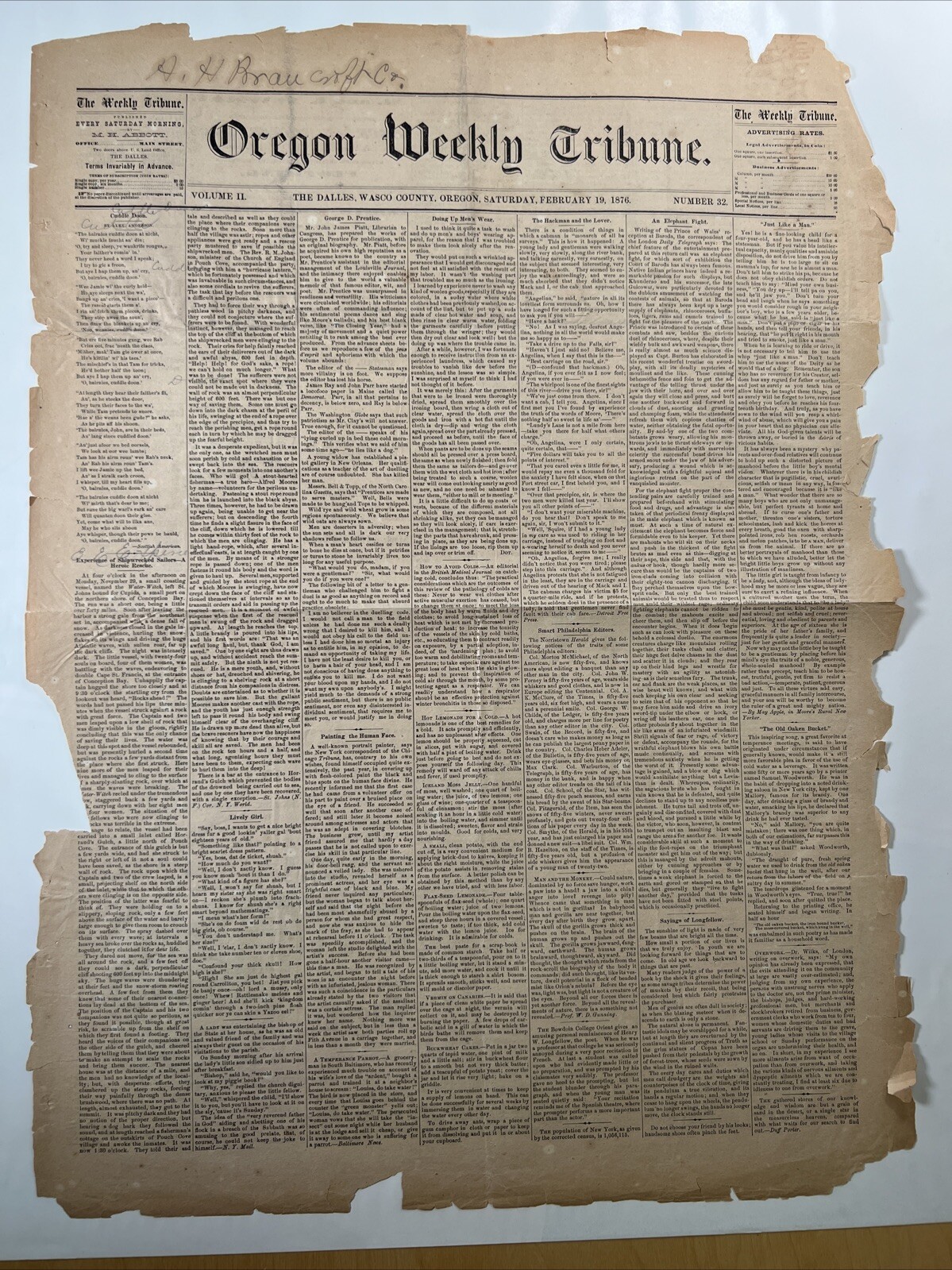 1876 Oregon Weekly Tribune Covering The Dalles & Wasco Counties in Oregon
