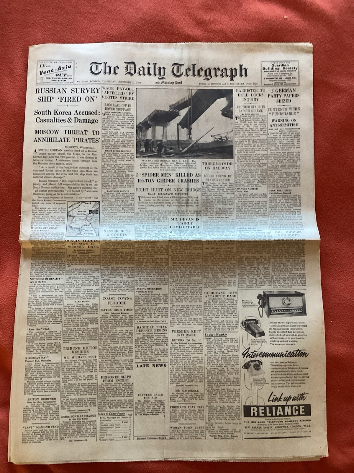 South Korea Fires On Russian Ship Telegraph December 31 1959 Original Newspaper