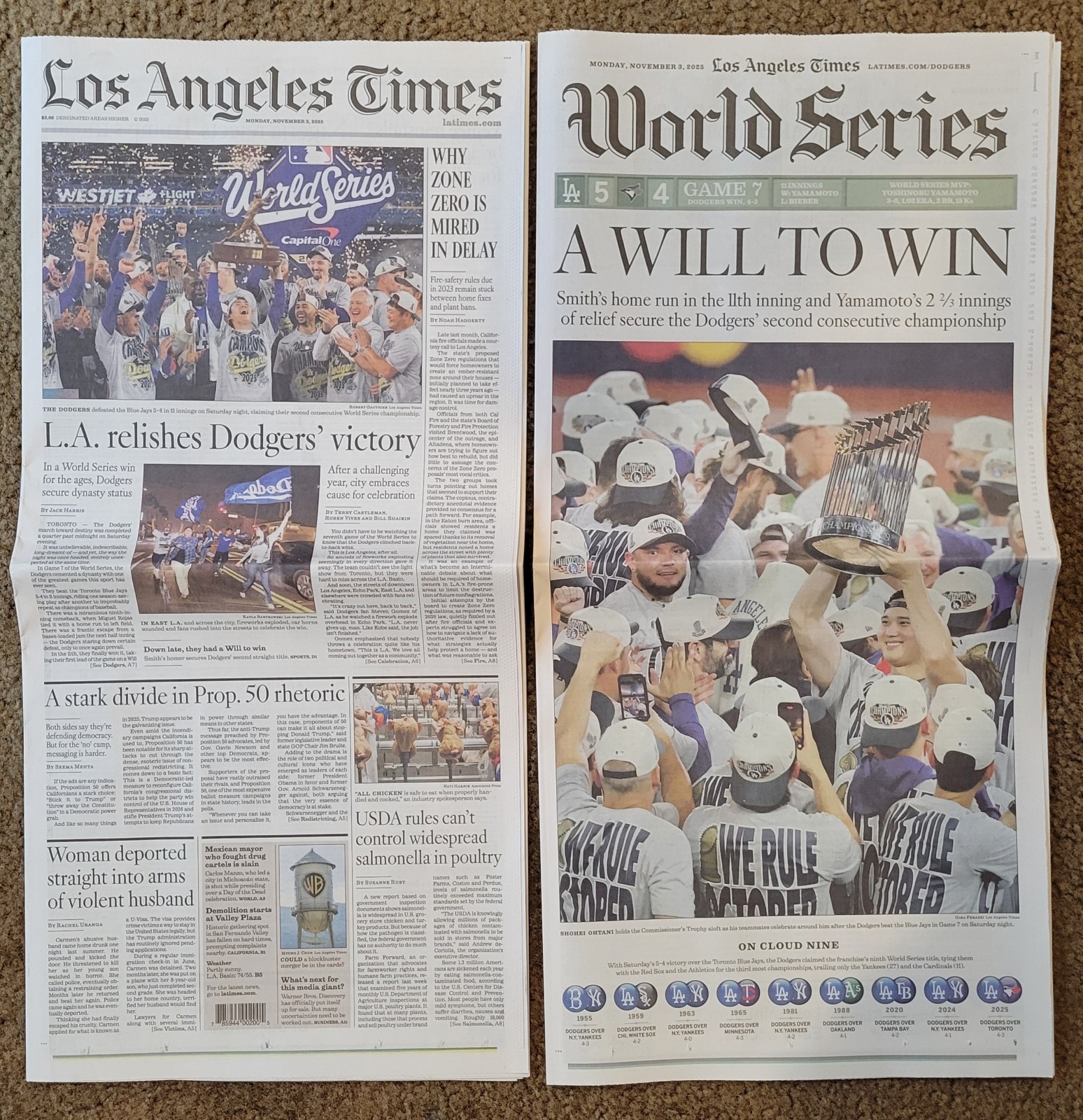 Los Angeles Times November 3, 2025 Colectible LA Dodgers MLB World Series Win