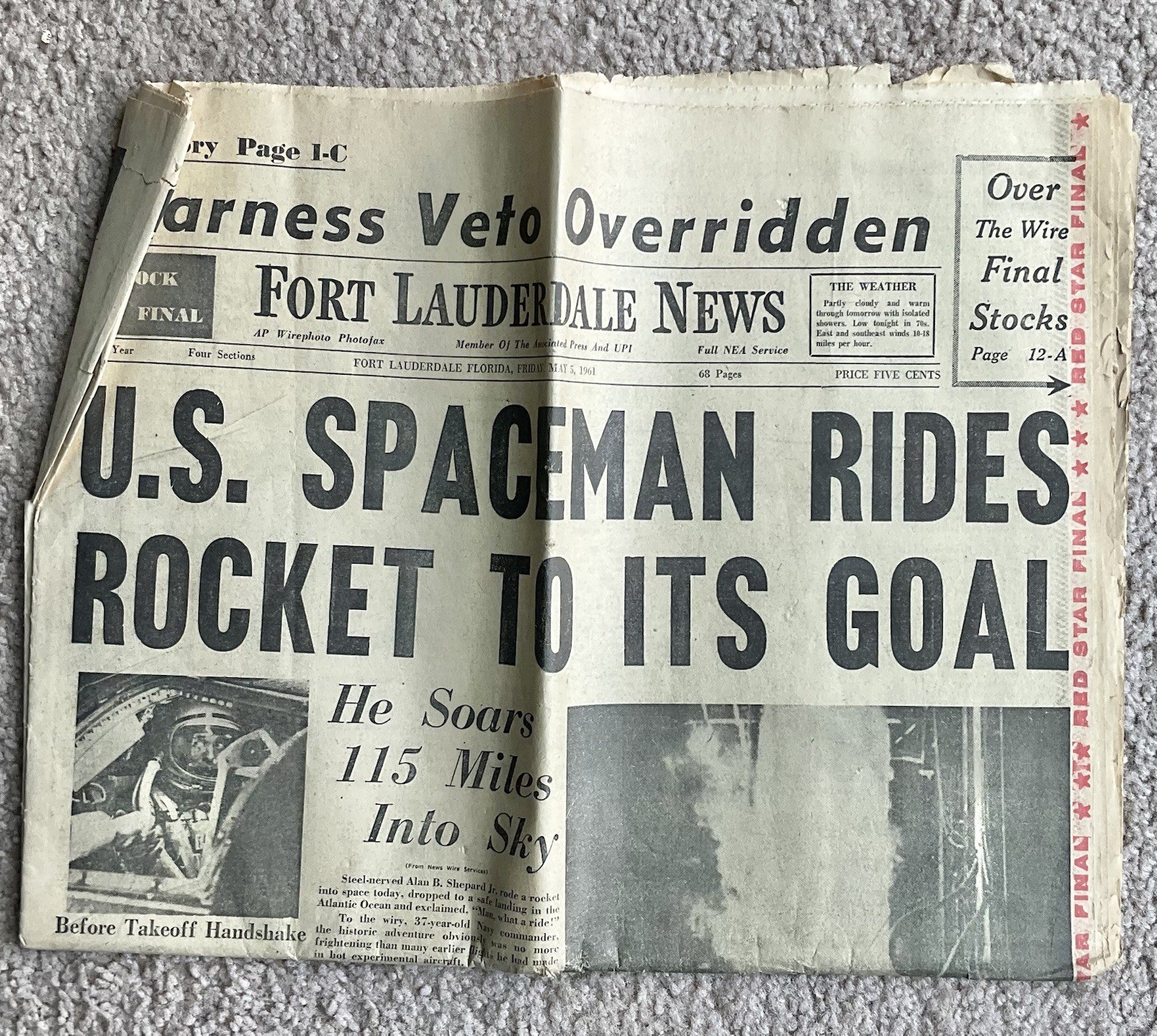US Spaceman Rides Rocket To Its Goal – May 5, 1961 Fort Lauderdale Newspaper FL