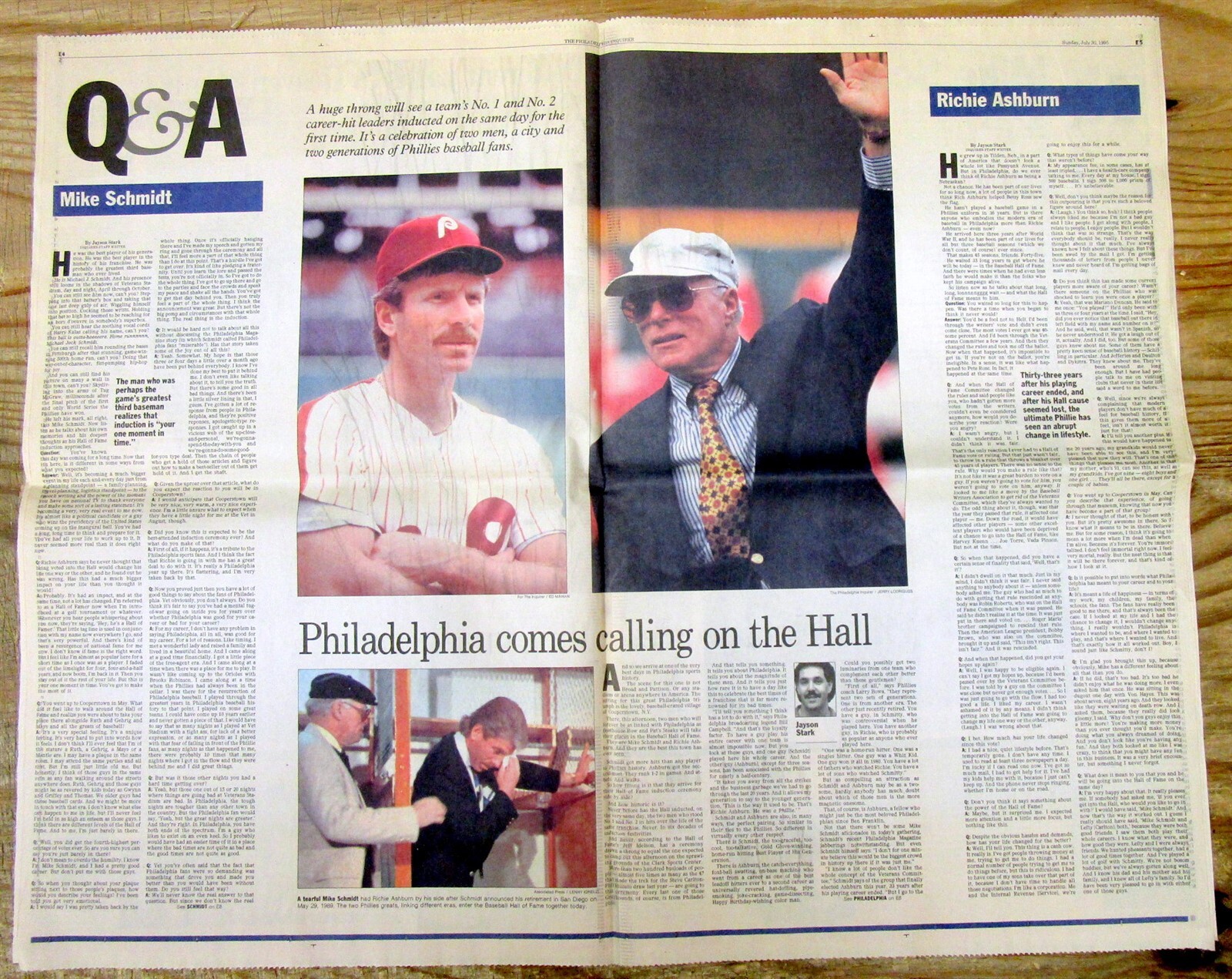 1995 newspaper PHILADELPHIA PHILLIES MIKE SCHMIDT Richie Ashburn ELECTED to HOF