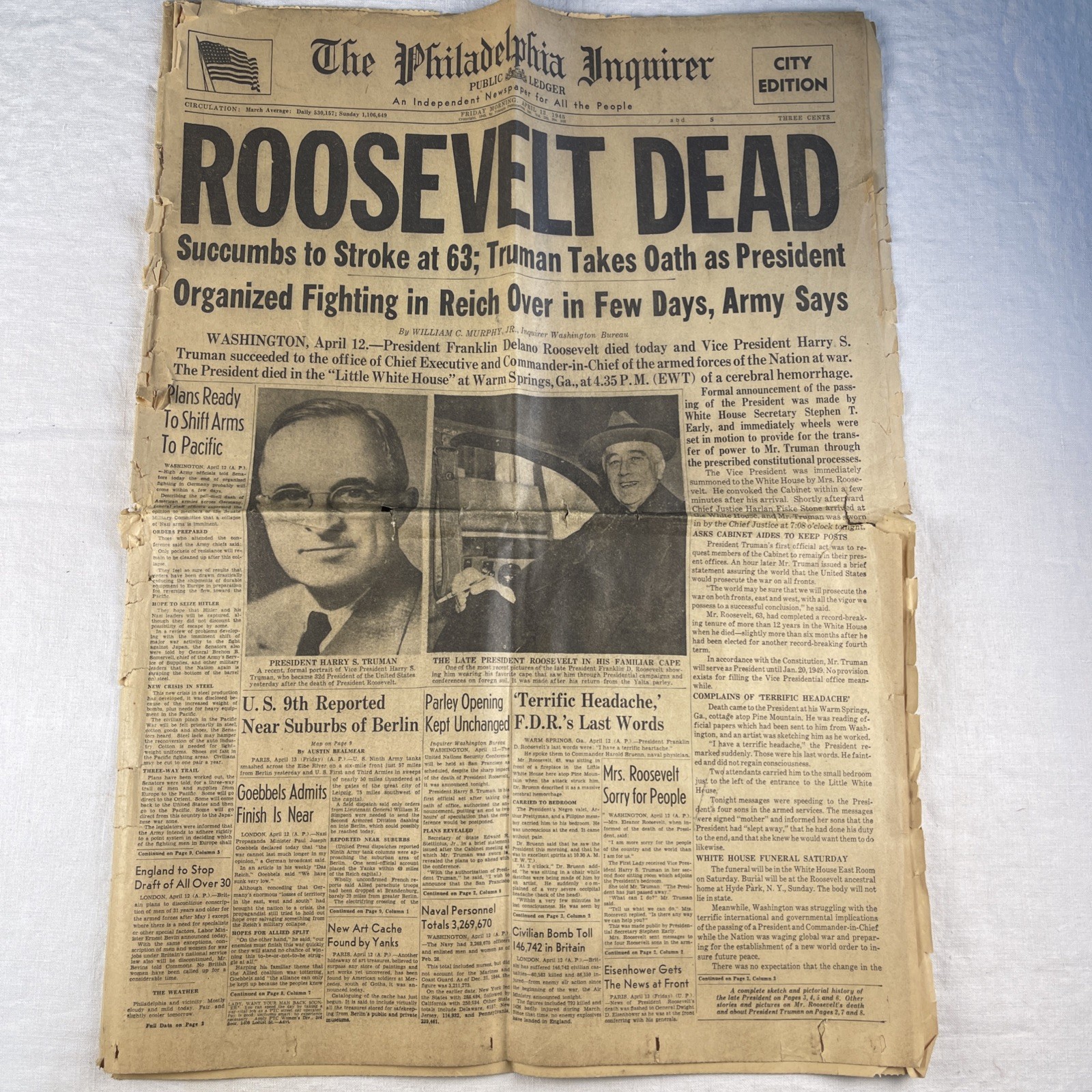 1945 Philadelphia newspaper with SUDDEN DEATH of PRESIDENT FRANKLIN D ROOSEVELT