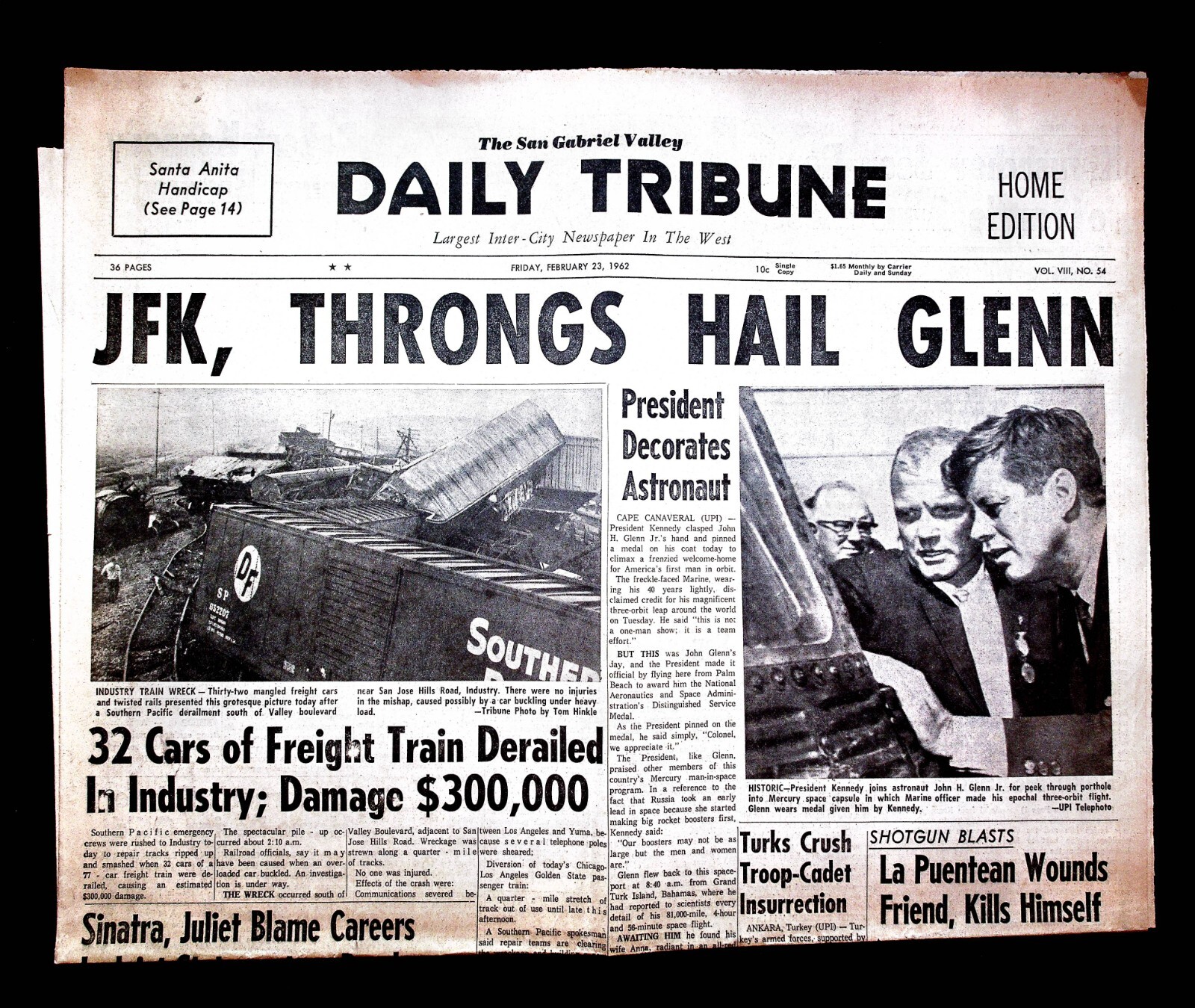 1962 February 23 San Gabriel Valley Daily Tribune Newspaper JFK Hails Glenn