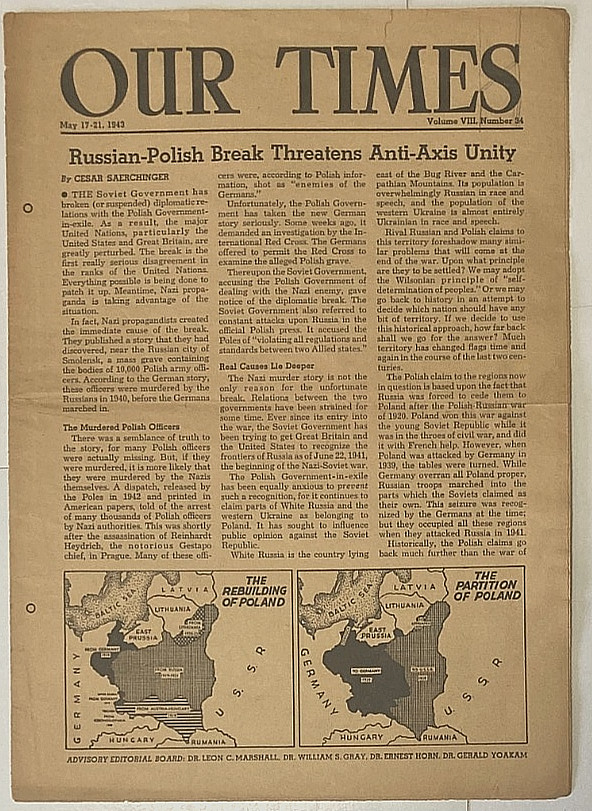 Our Times Newspaper May 1943 Russian-Polish Break Threatens Anti-Axis Unity RARE