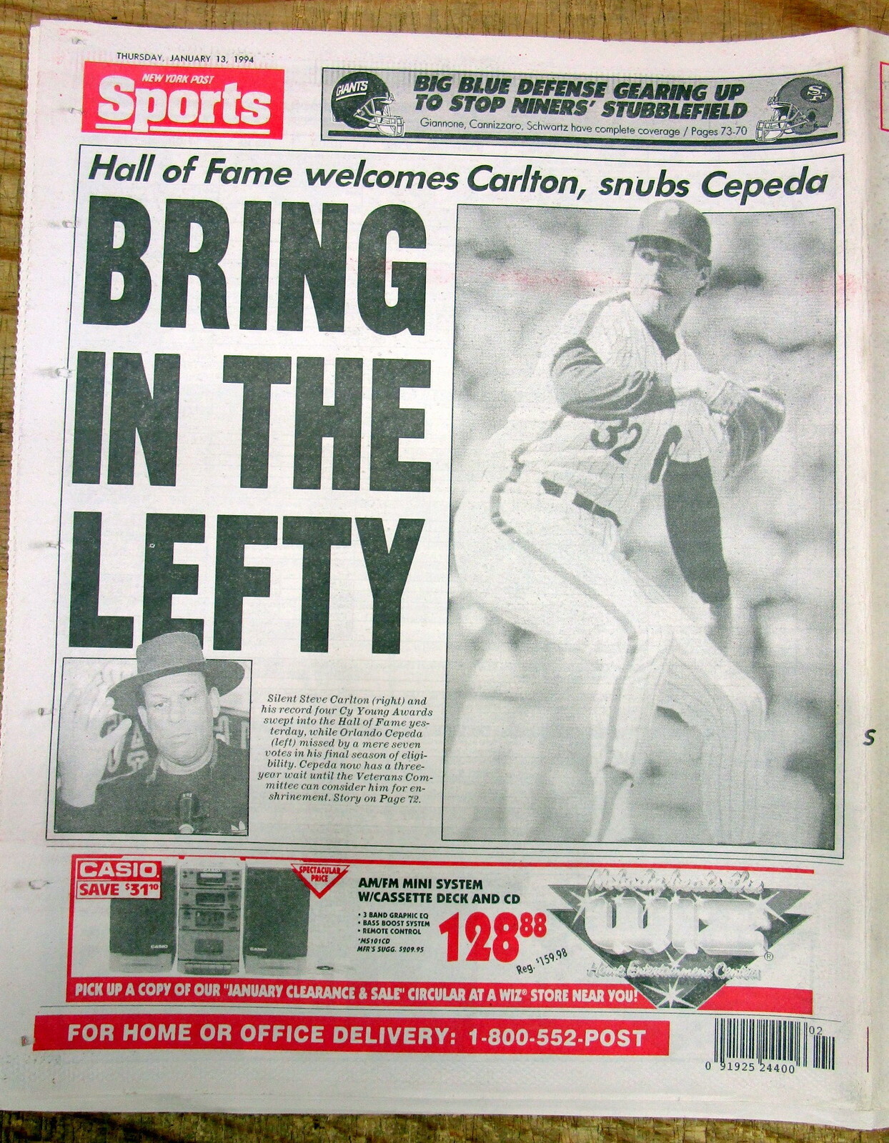 1994 newspaper Philadelphia Phillies pitcher STEVE CARLTON Baseball Hall Of Fame