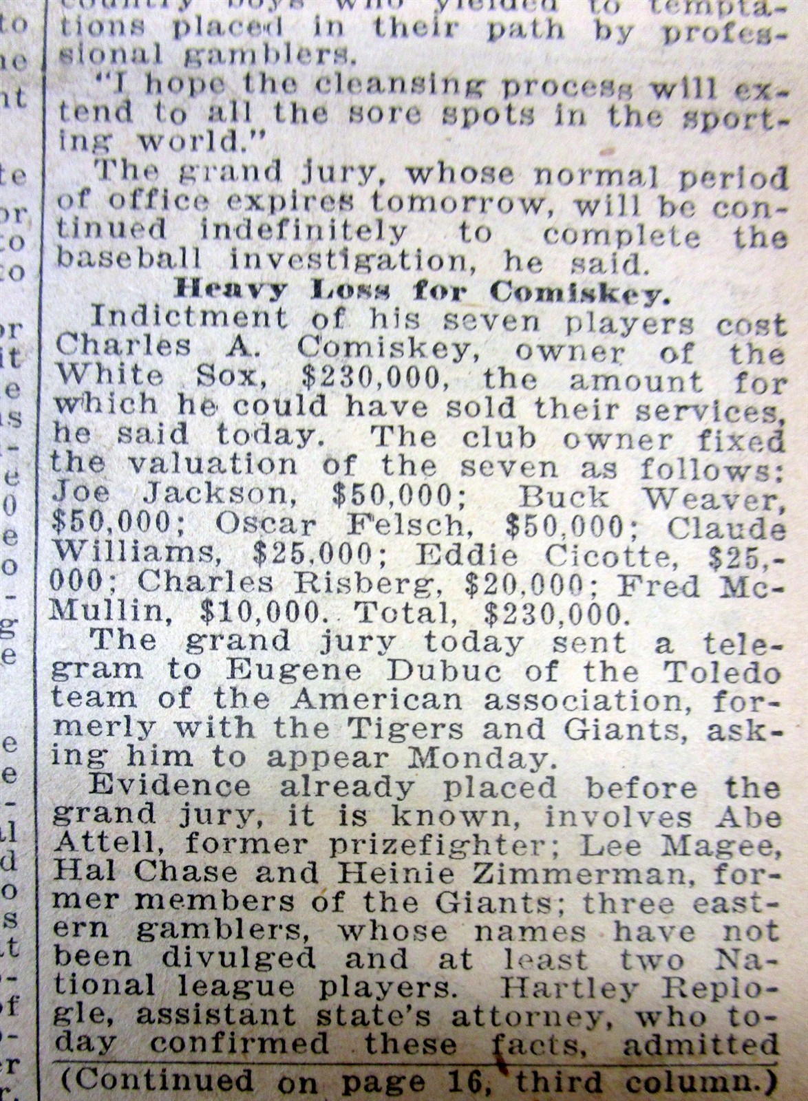 1920 hdln newspaper BLACK SOX BASEBALL WORLD SERIES SCANDAL Shoeless Joe Jackson
