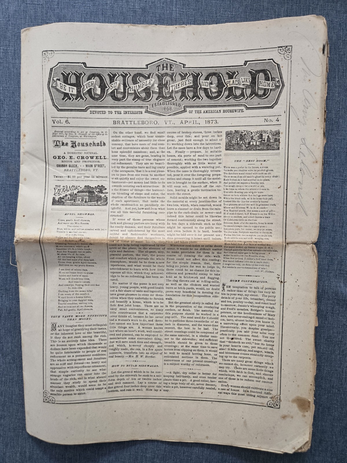 The Household Newspaper Brattleboro VT 1873 RECIPES, ADVICE, PRODUCT ADS, MUSIC