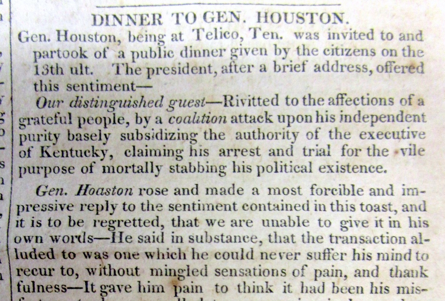 2 1827 newspapers w SAM HOUSTON as Governor of TENNESSEE before he went to TEXAS