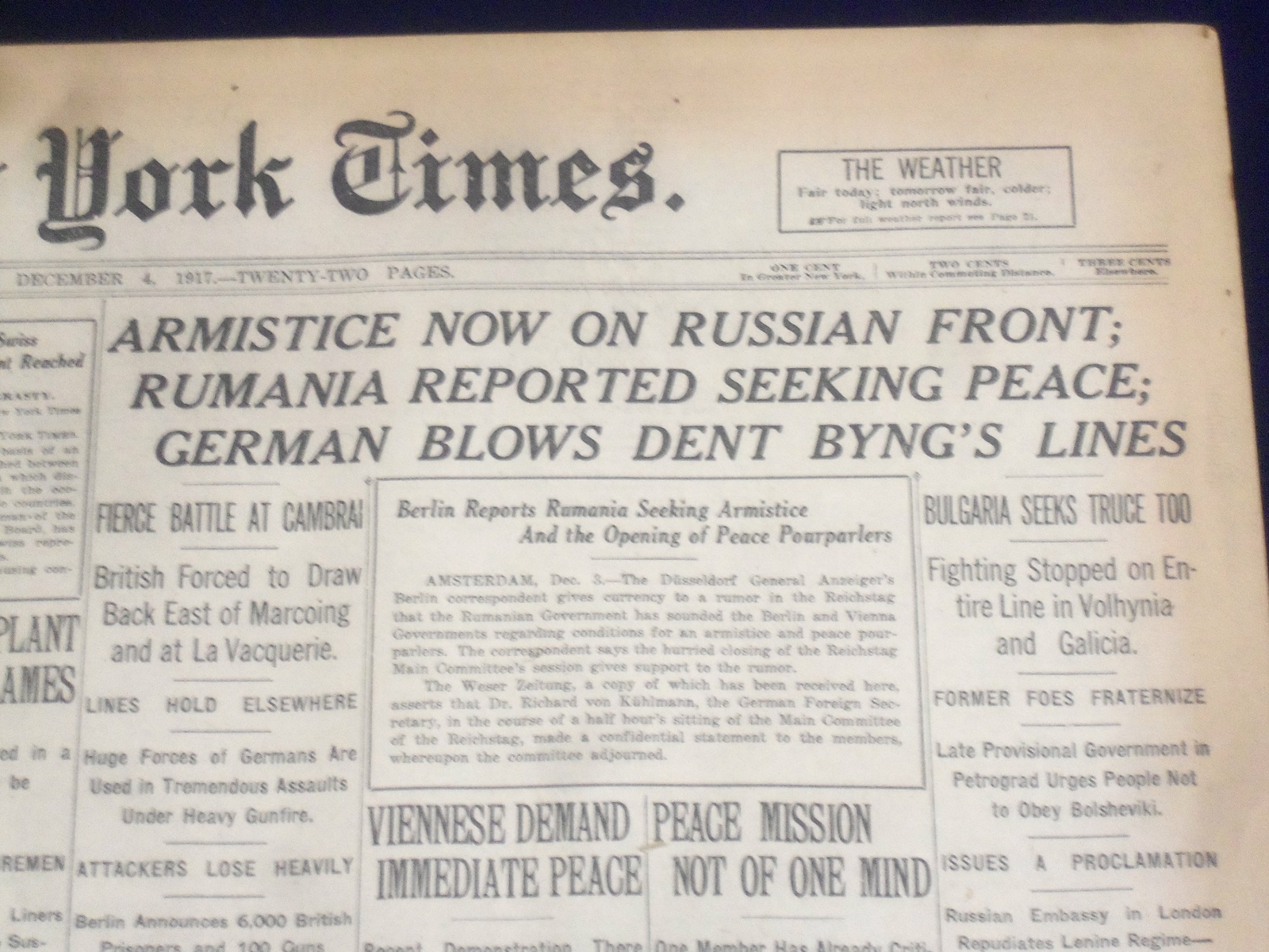 1917 DECEMBER 4 NEW YORK TIMES – ARMISTICE NOW ON RUSSIAN FRONT – NT 8251
