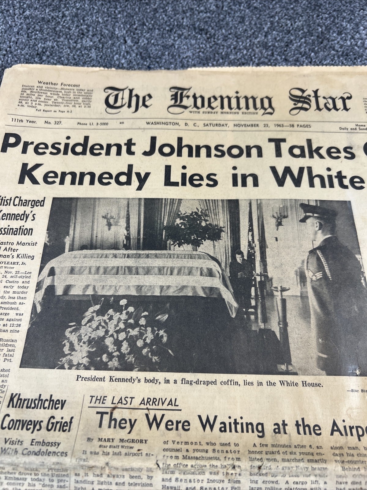 The Evening Star, Washington DC “Johnson Takes Over” 11/23/1963 A Section Only