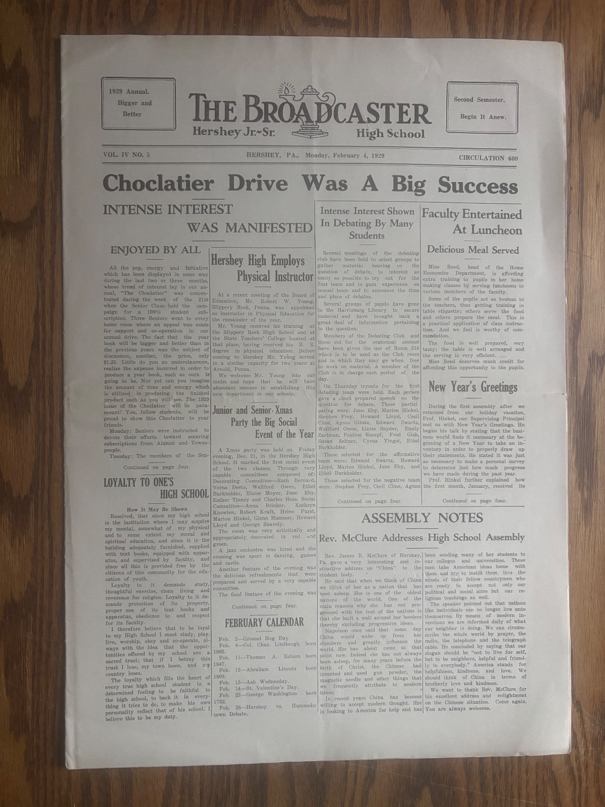 1929 Hershey PA High School Newspaper The Broadcaster Basketball Choclatier