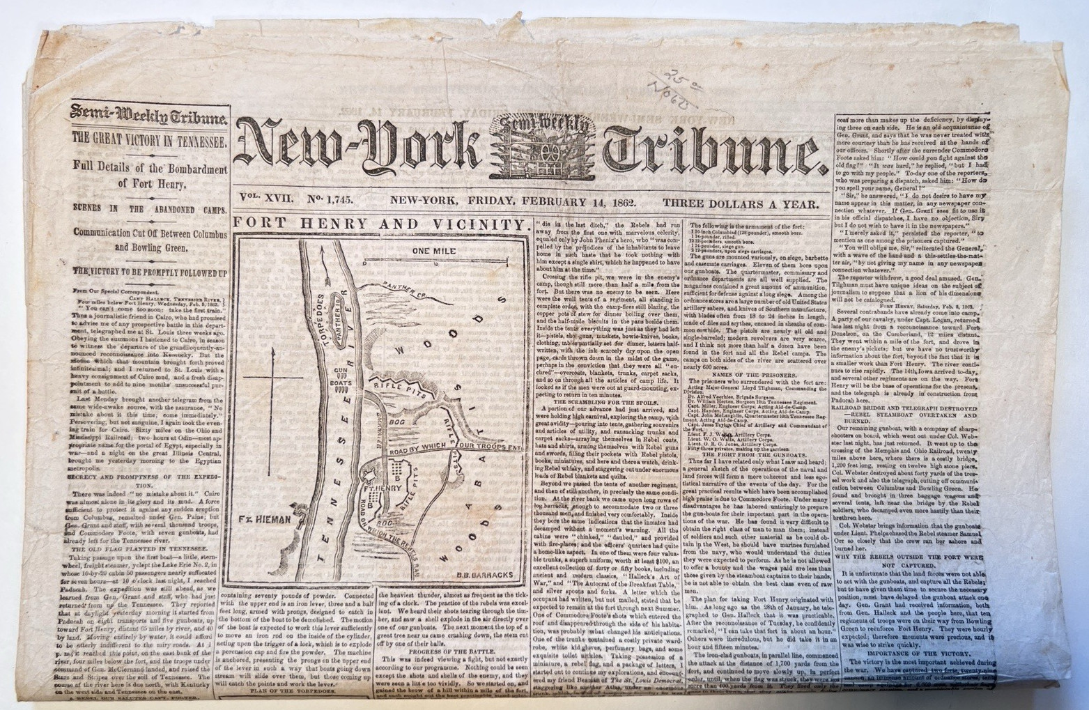 NY Tribune February 14, 1862 Great Victory in Tennessee Civil War Era Newspaper