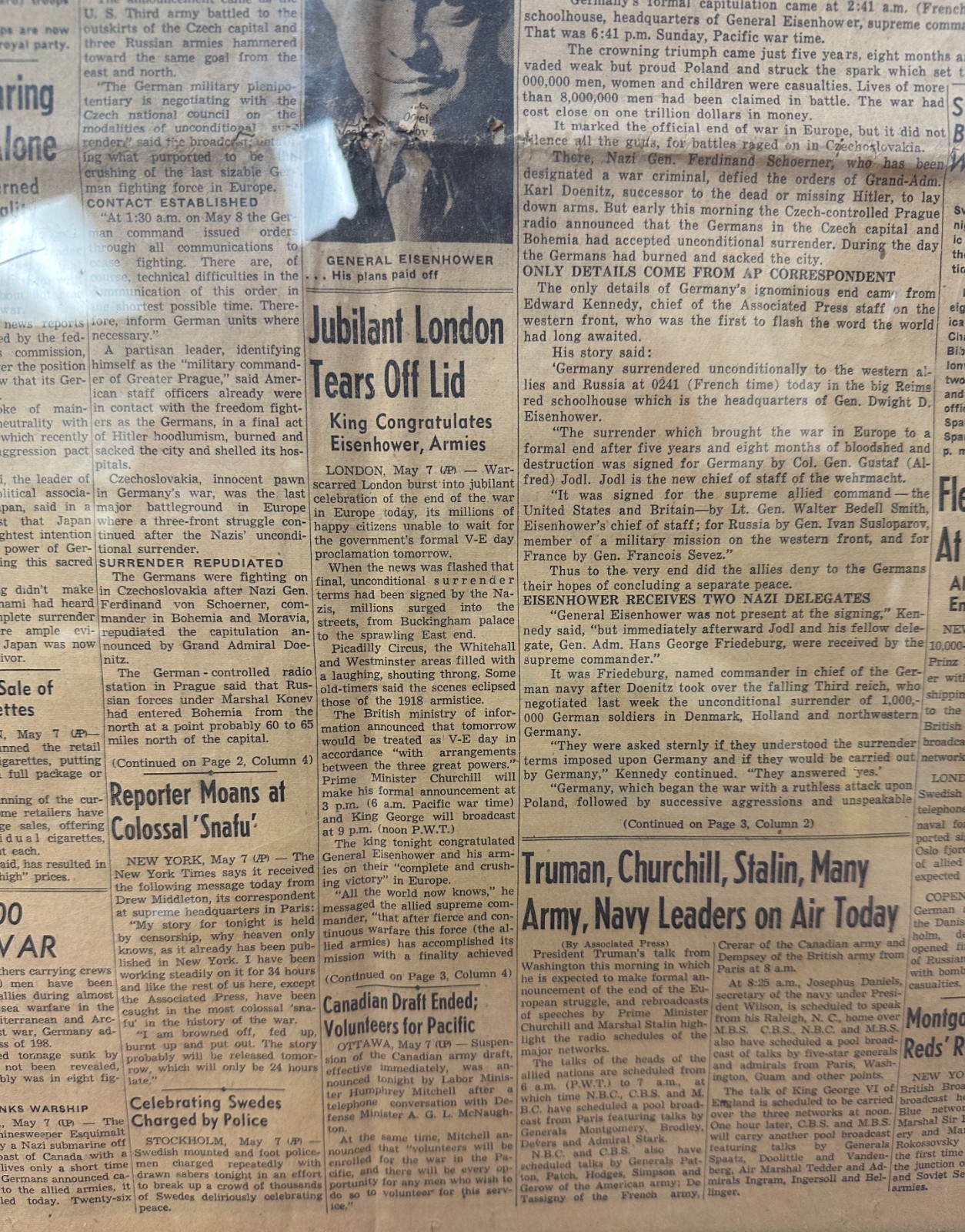 Vintage Sun Newspaper – May 8, 1945, -War in Europe Ended!-Framed