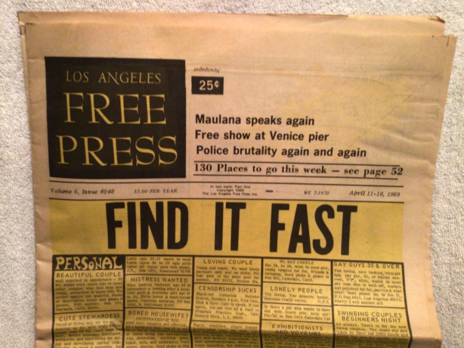 Vtg. Los Angeles Free Press Underground Newspaper April 1969 Hippies Great Ads
