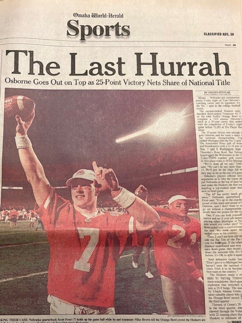 1/3/1998 OMAHA WORLD HERALD NEBRASKA vs TENNESSEE ORANGE BOWL POST-GAME COVERAGE