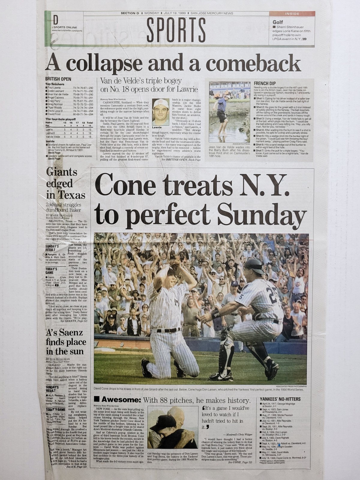 1999 Jul 17: Yankees DAVID CONE Perfect Game! SF Chron, San Jose Merc, USA Today