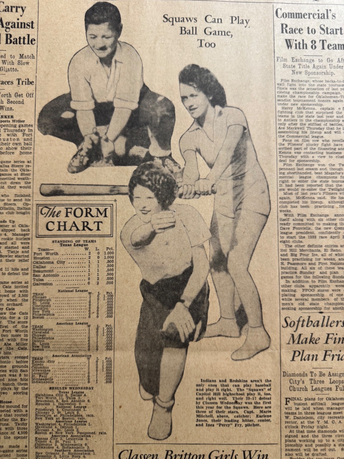 1933 CAPITOL HILL HIGHSCHOOL OKLA. CITY SQUAW GIRLS BASEBALL PLAYERS NEWSP. PAGE