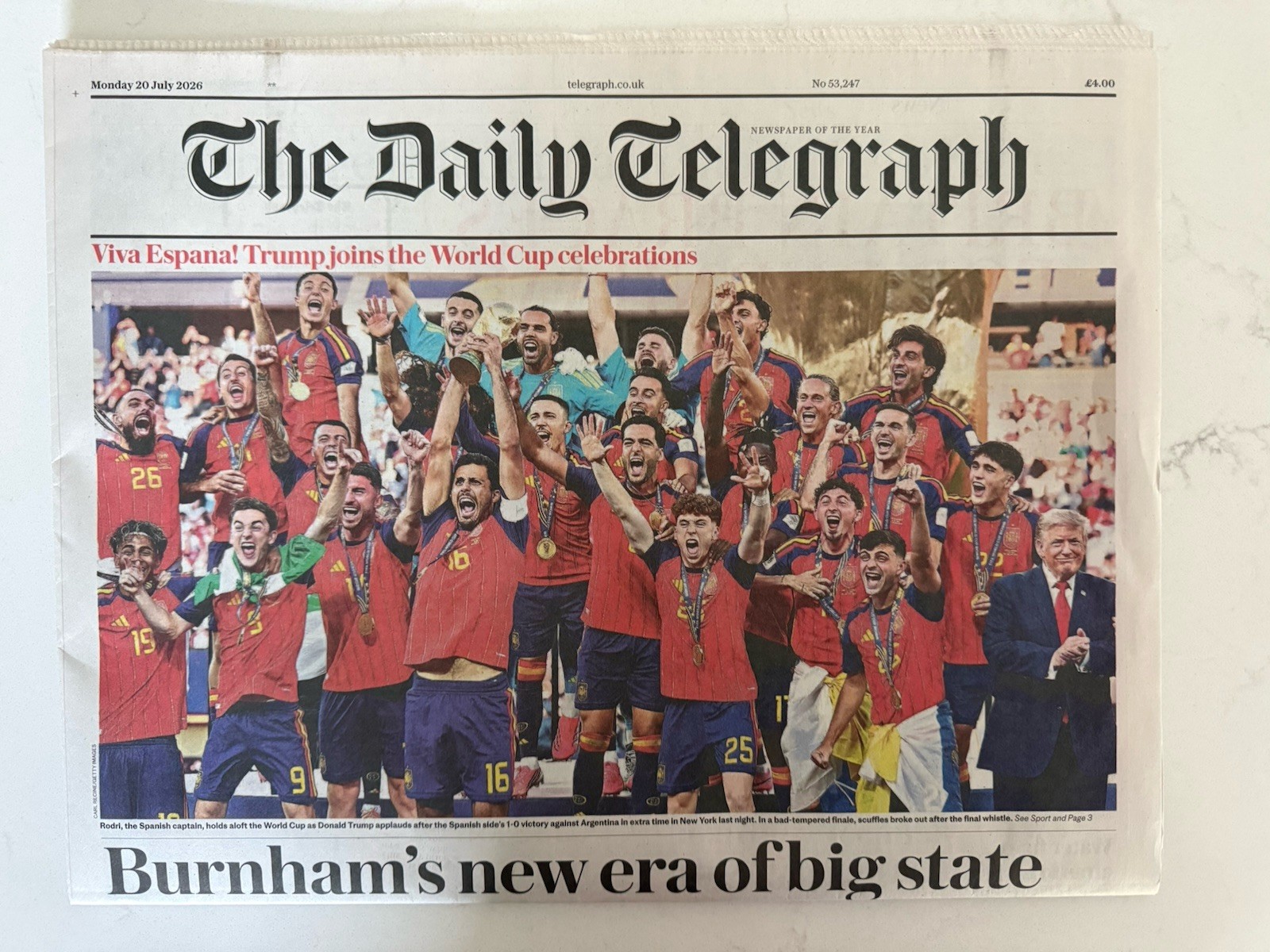 SPAIN ARGENTINA WORLD CUP FINAL DONALD TRUMP UK TELEGRAPH NEWSPAPER JULY 2026