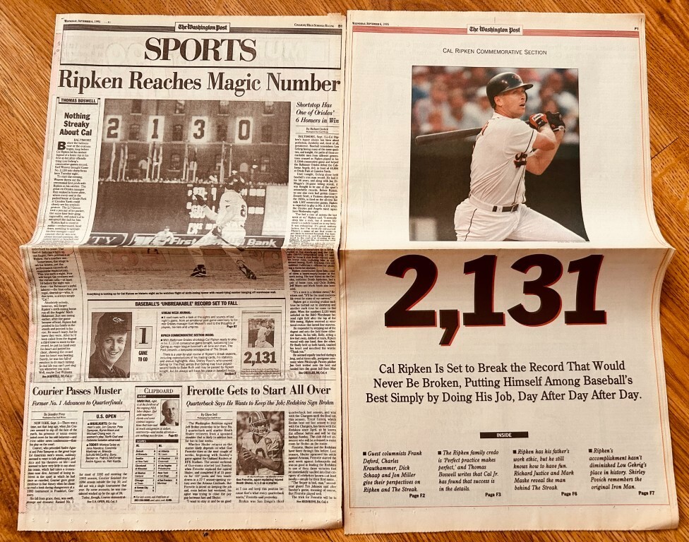 Cal Ripken Orioles 2130 & 2131 Consecutive Games 1995 Washington Post newspapers
