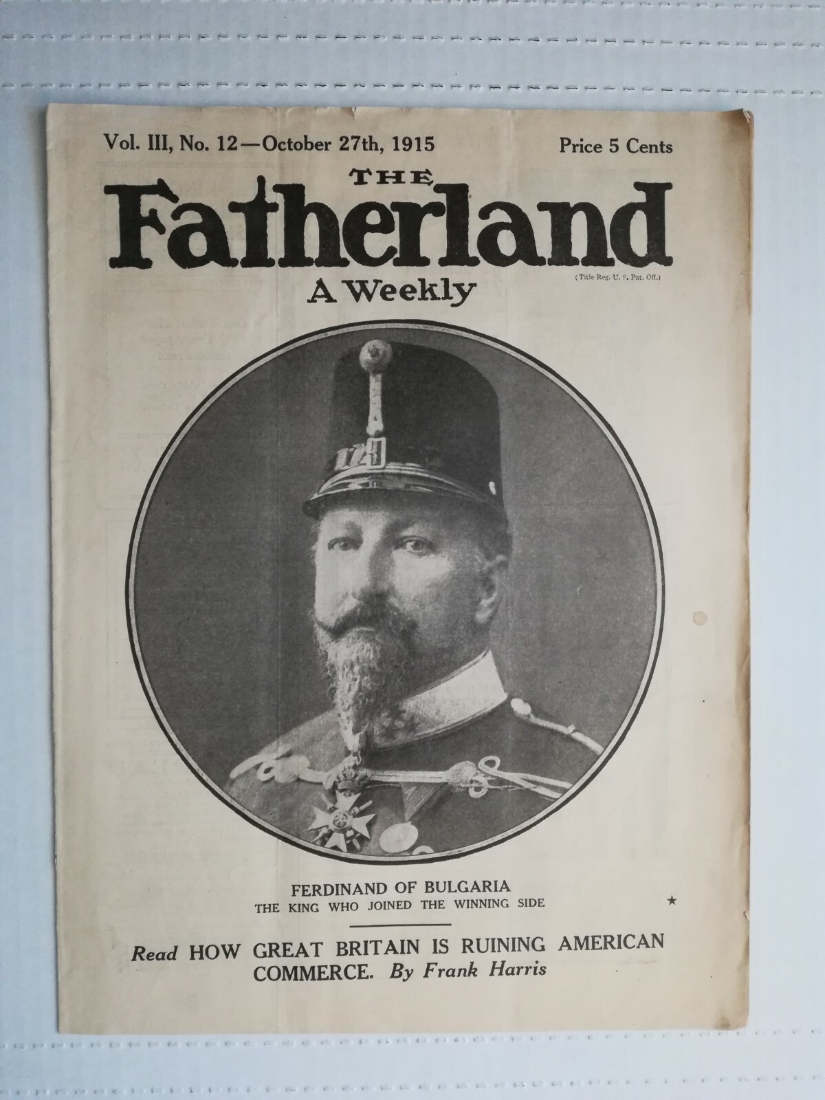 The Fatherland A Weekly Vol. III No. 12 1915 Pro German WWI propaganda Viereck