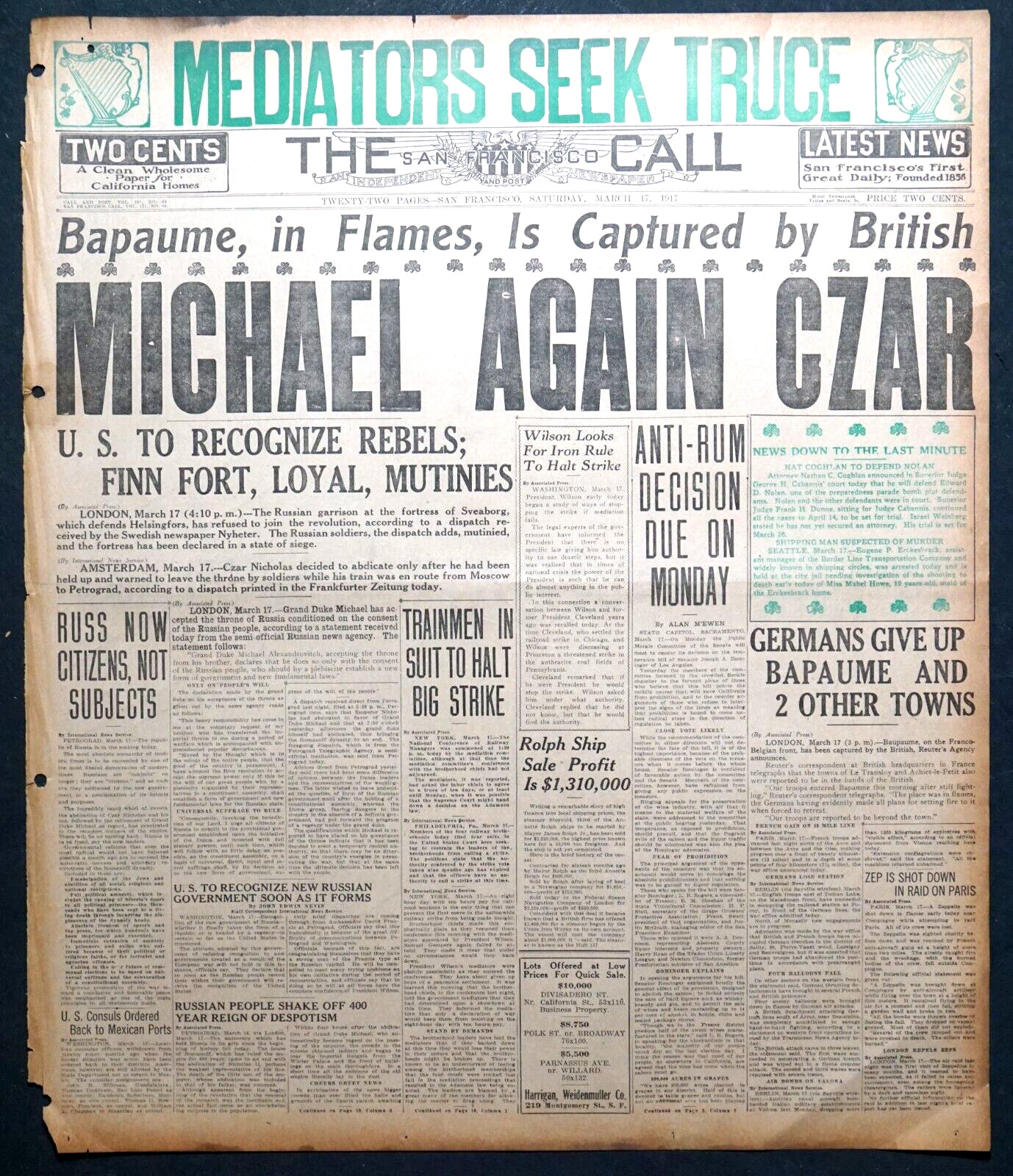 1917 Newspaper Front Page – Russian Revolution Nicholas Abdicates, Michael Czar