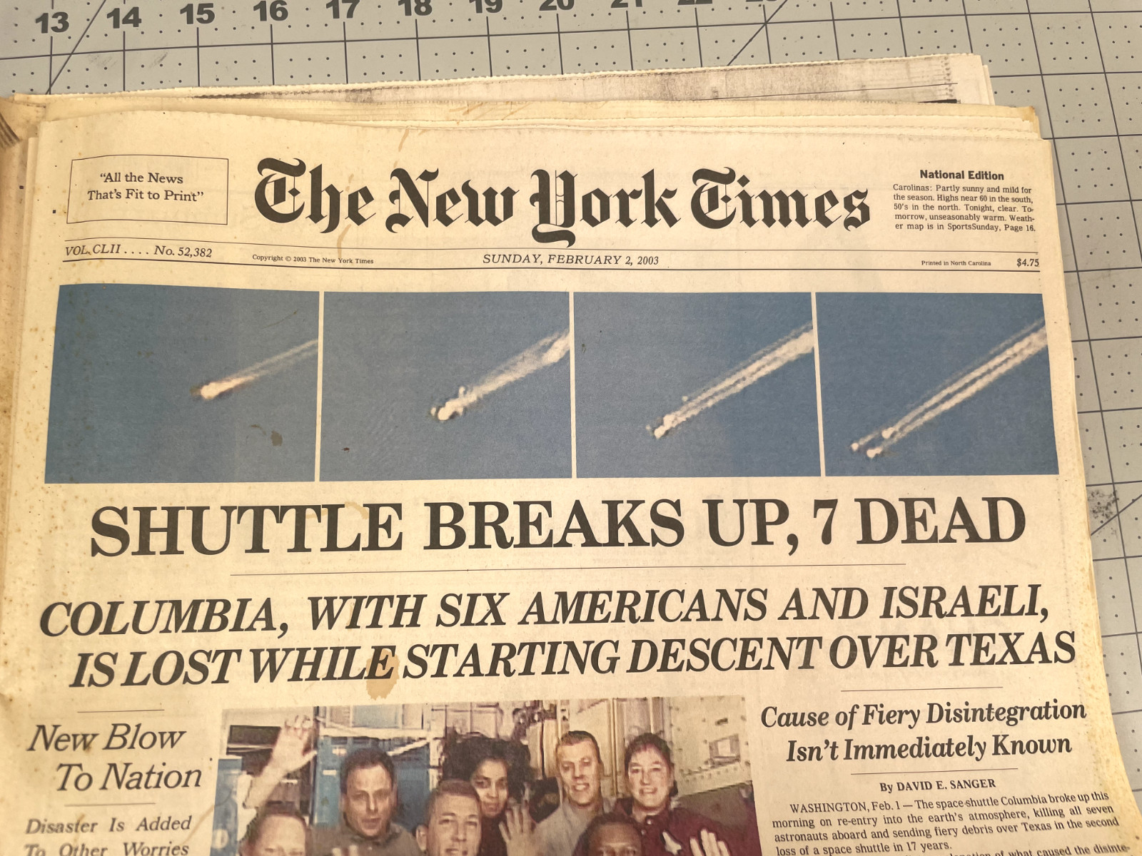 New York Times No 52,382 Shuttle Breaks Up Columbia Space Shuttle Feb 2 2003