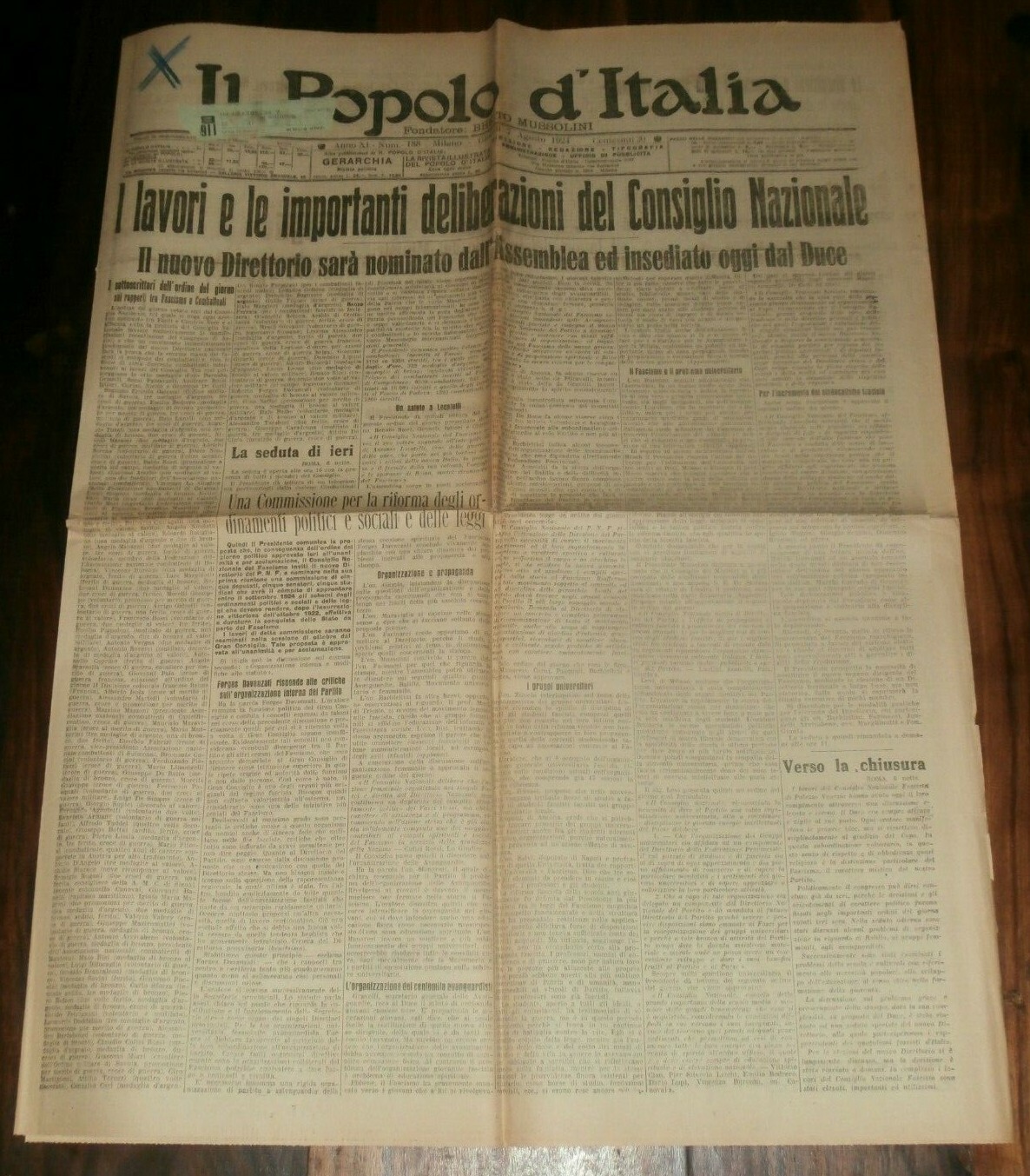 THE PEOPLE OF ITALY – August 7, 1924 – Mussolini – Settlement of the DIRECTORY