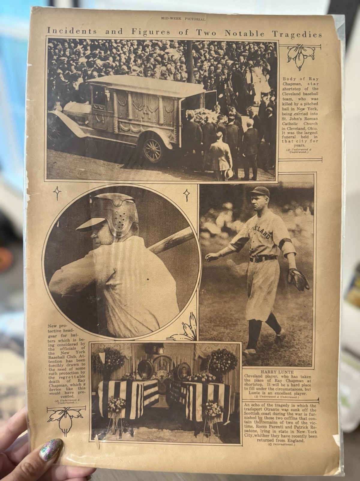 1920s newspaper clipping mid-week pictorial ray chapman baseball