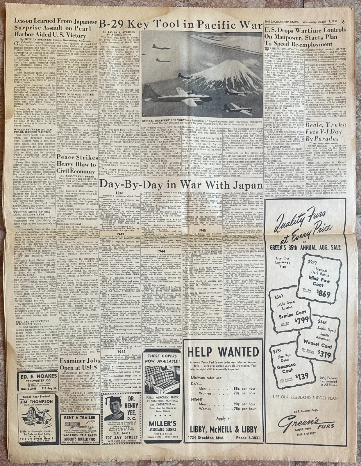 Sacramento Union EXTRA August 15, 1945 PEACE! Japanese Accept All Terms War Ends