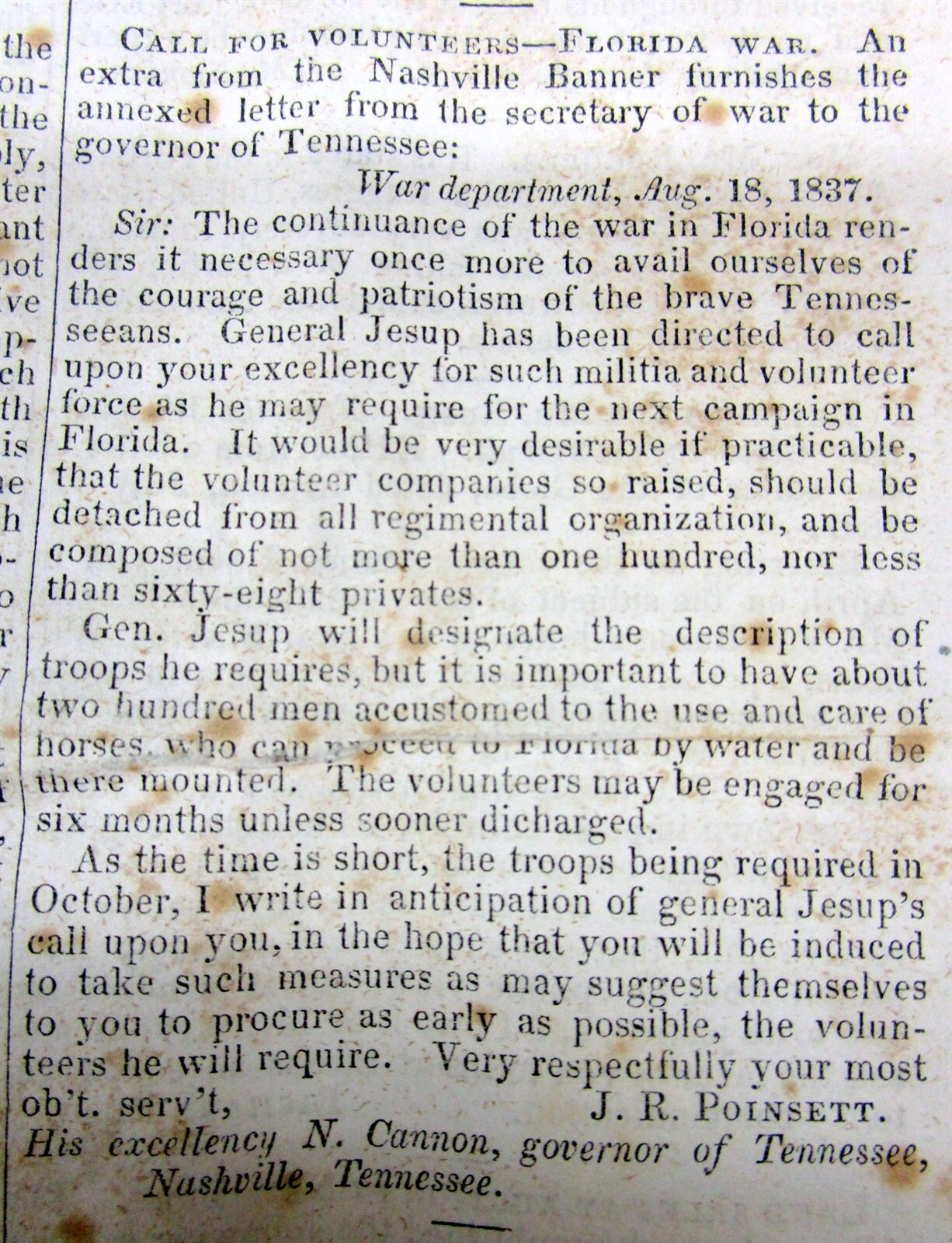 1837 newspaper TENNESSEE GOVERNOR CALL for TROOPS to fight n SEMINOLE INDIAN WAR