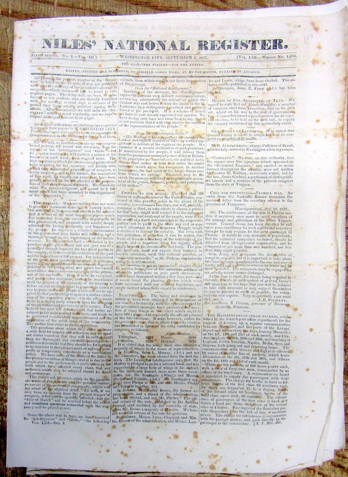 1837 newspaper TENNESSEE GOVERNOR CALL for TROOPS to fight n SEMINOLE INDIAN WAR