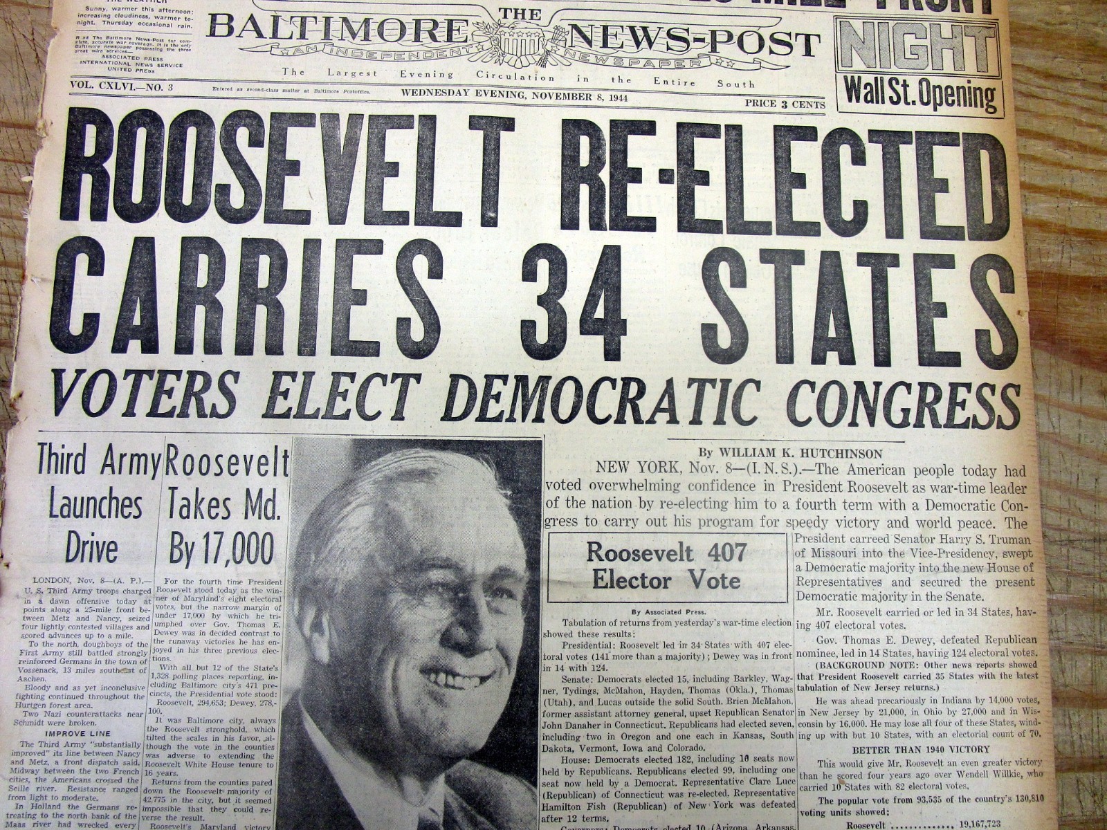 1944 headline newspaper FRANKLIN D ROOSEVELT RE-ELECTED PRESIDENT for a 4th term