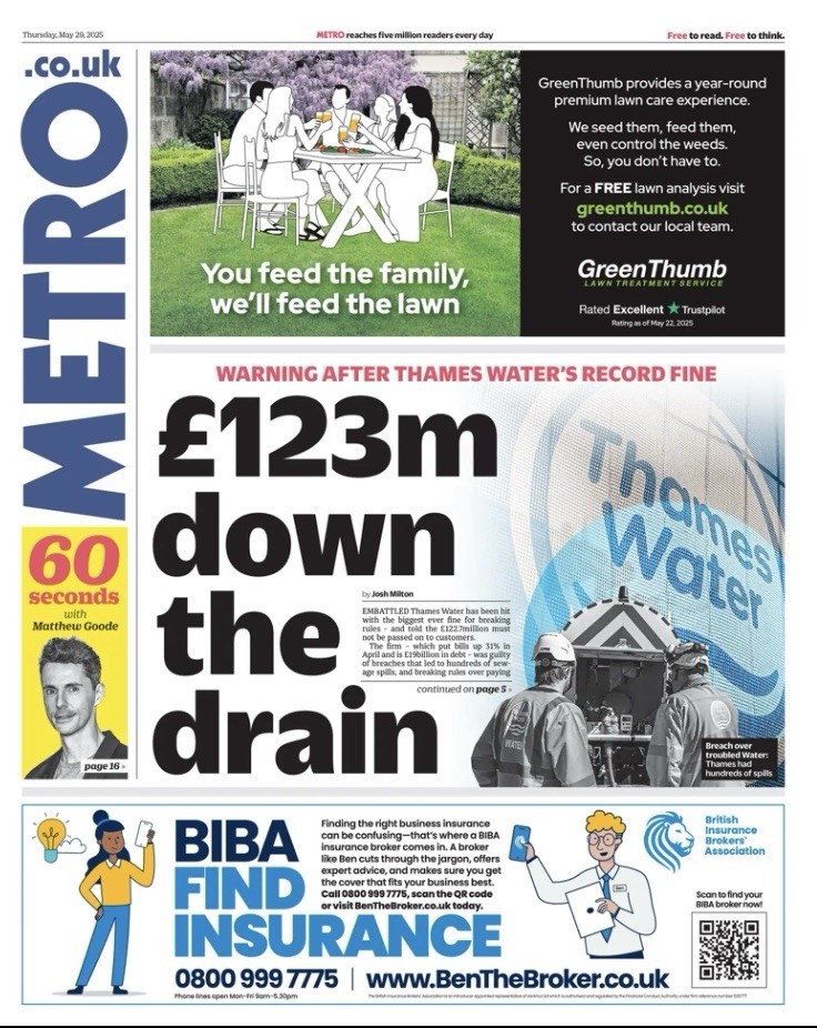 Thames Water Fine Elon Musk Raducanu Arsenal Man Utd Metro Newspaper 29 May 2025